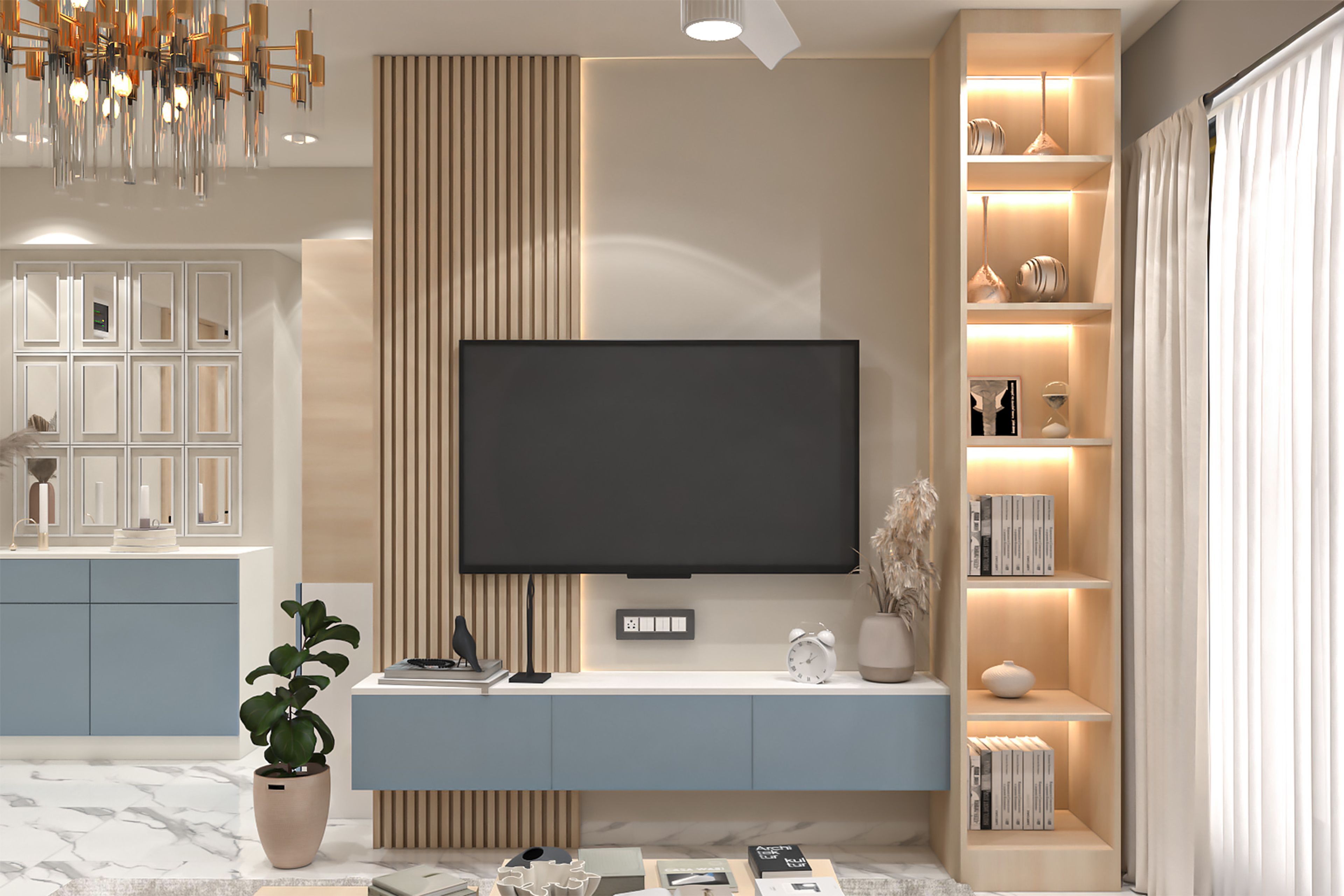Transitional TV Unit Design with Backlit Slats and Denim Blue Console