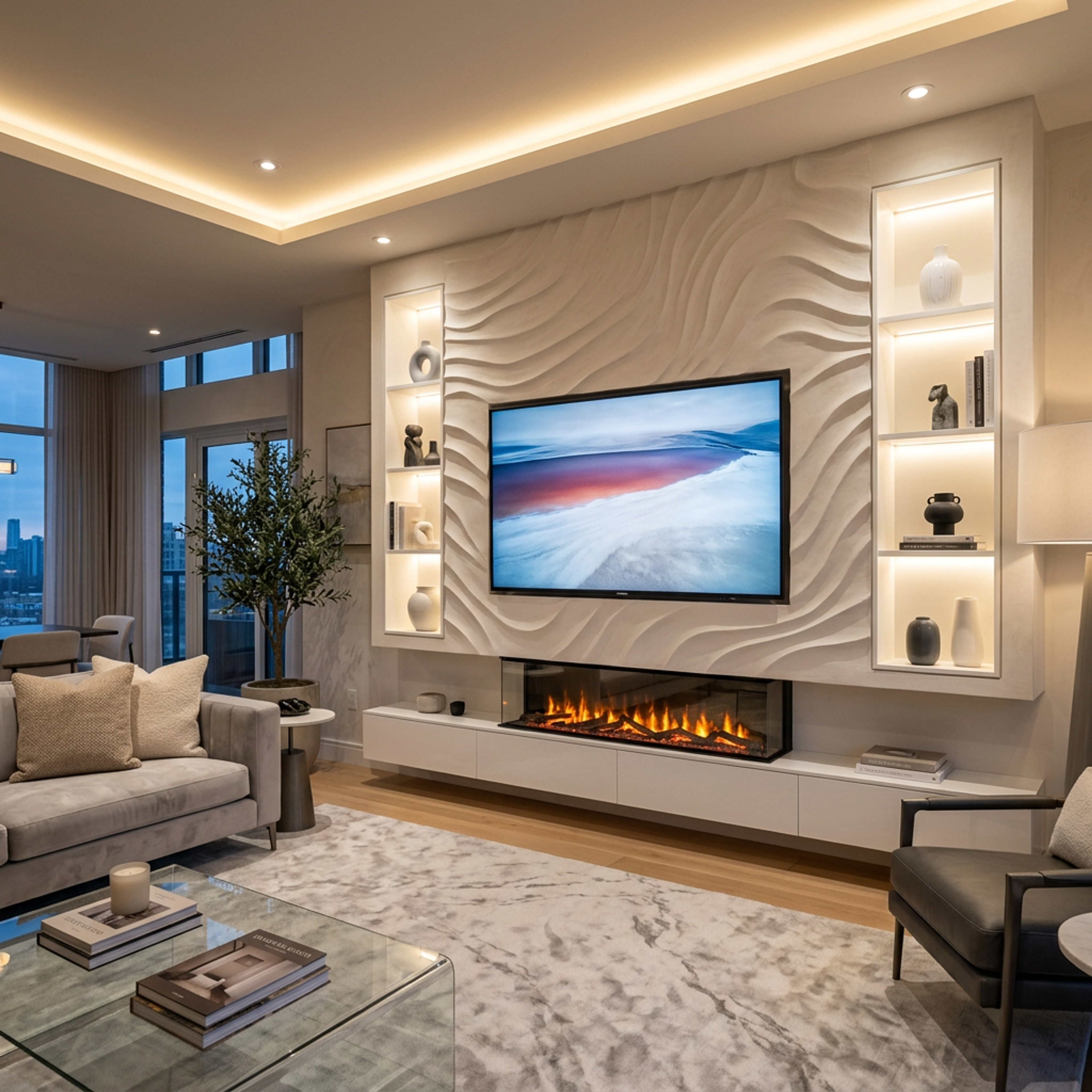 Contemporary TV Unit Design with Sculpted Wavy Ridges Panel Backdrop
