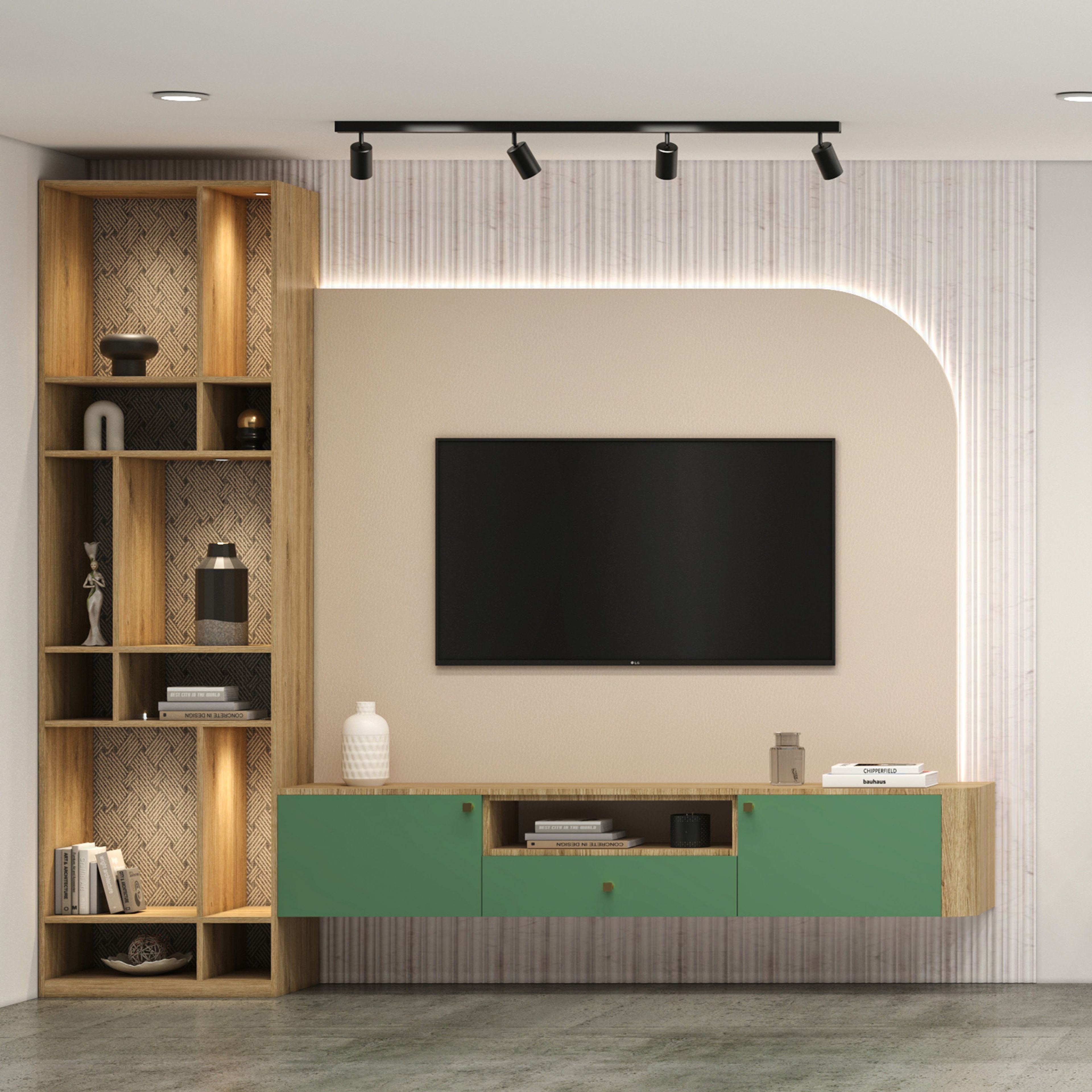 Contemporary TV Unit Design with Sage Green Console and Floor Shelving