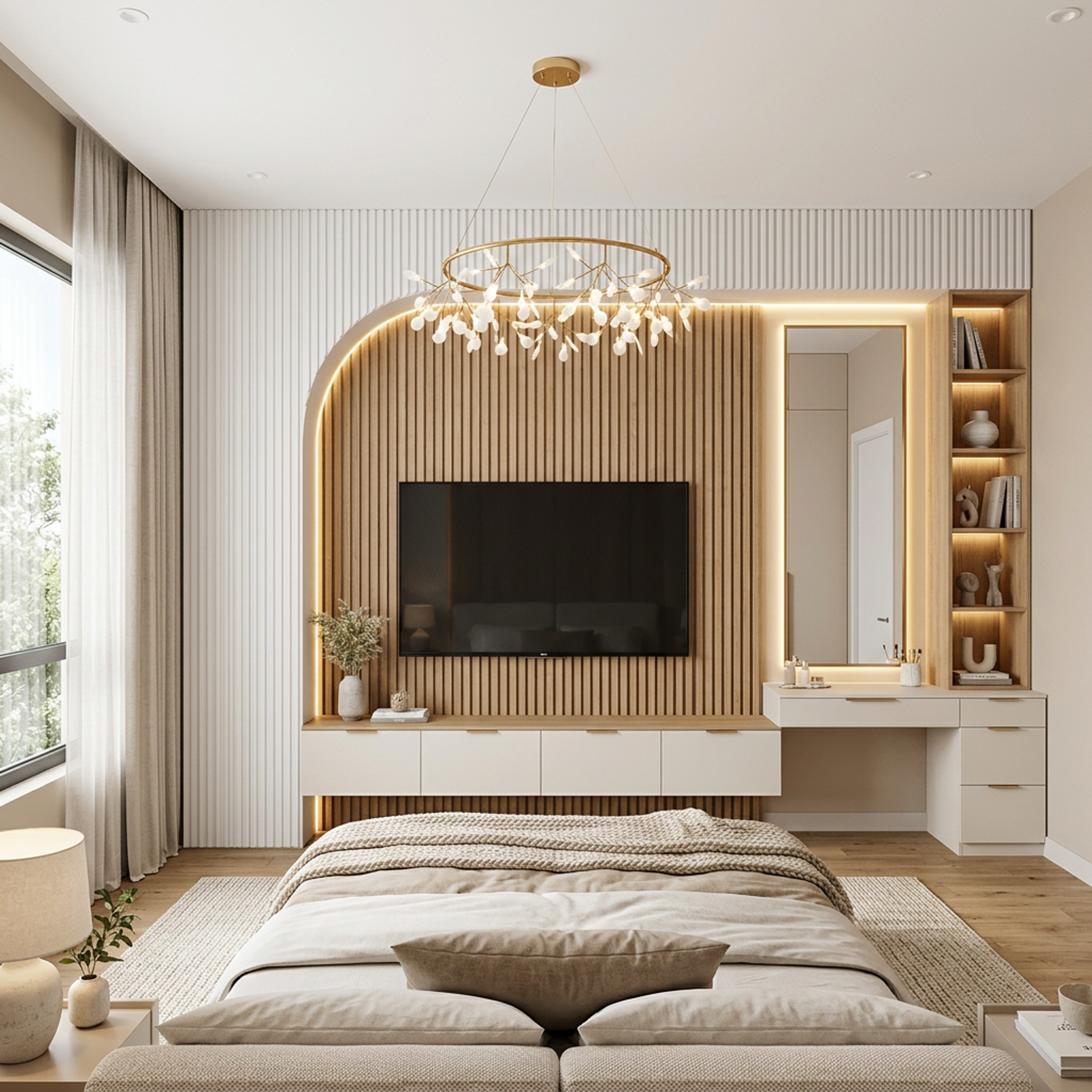 Walnut Bronze and White Modern TV Unit Design with Integrated Vanity Space
