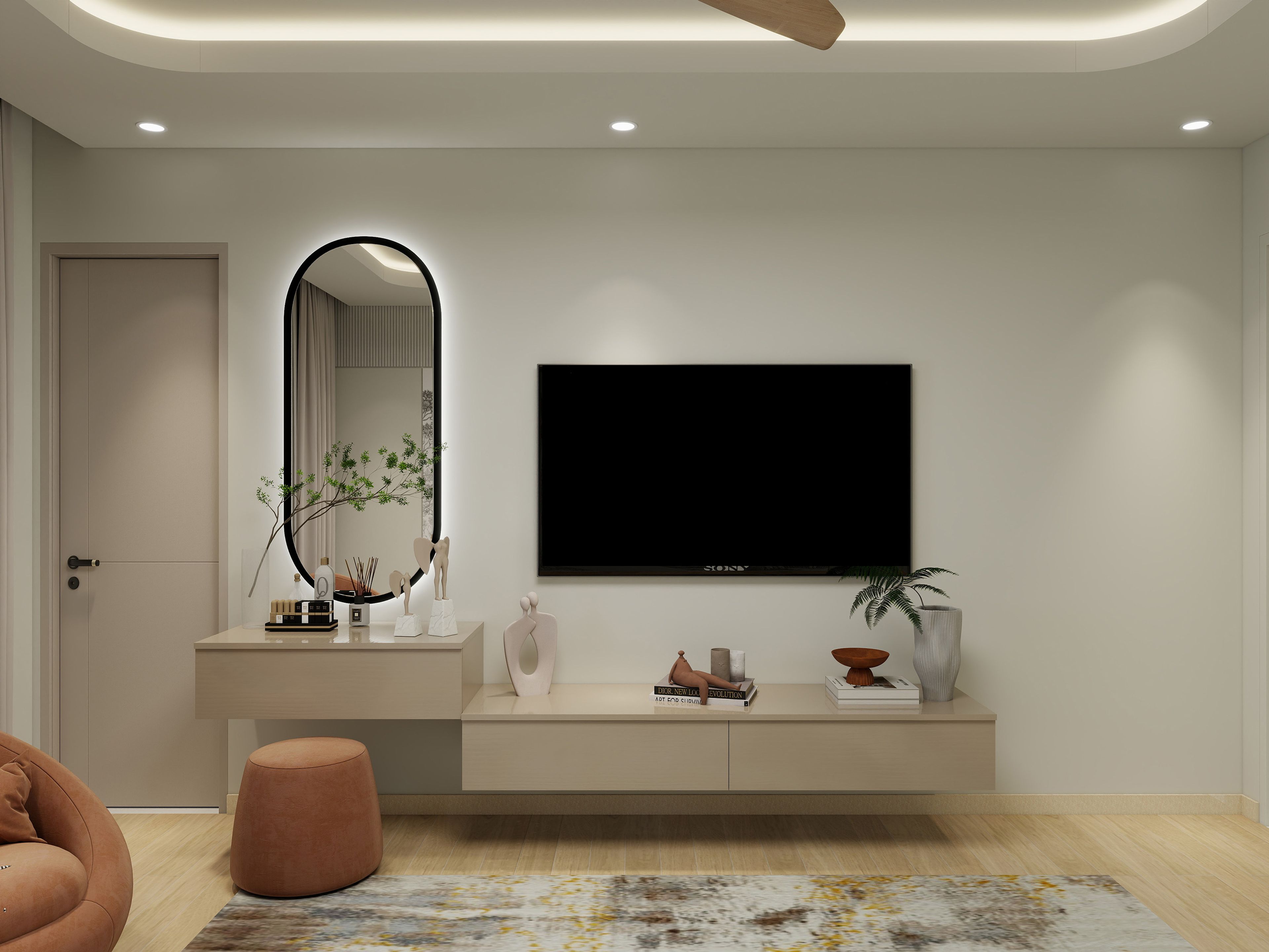 Scandinavian TV Unit Design with Floating Console and Illuminated Oval Mirror