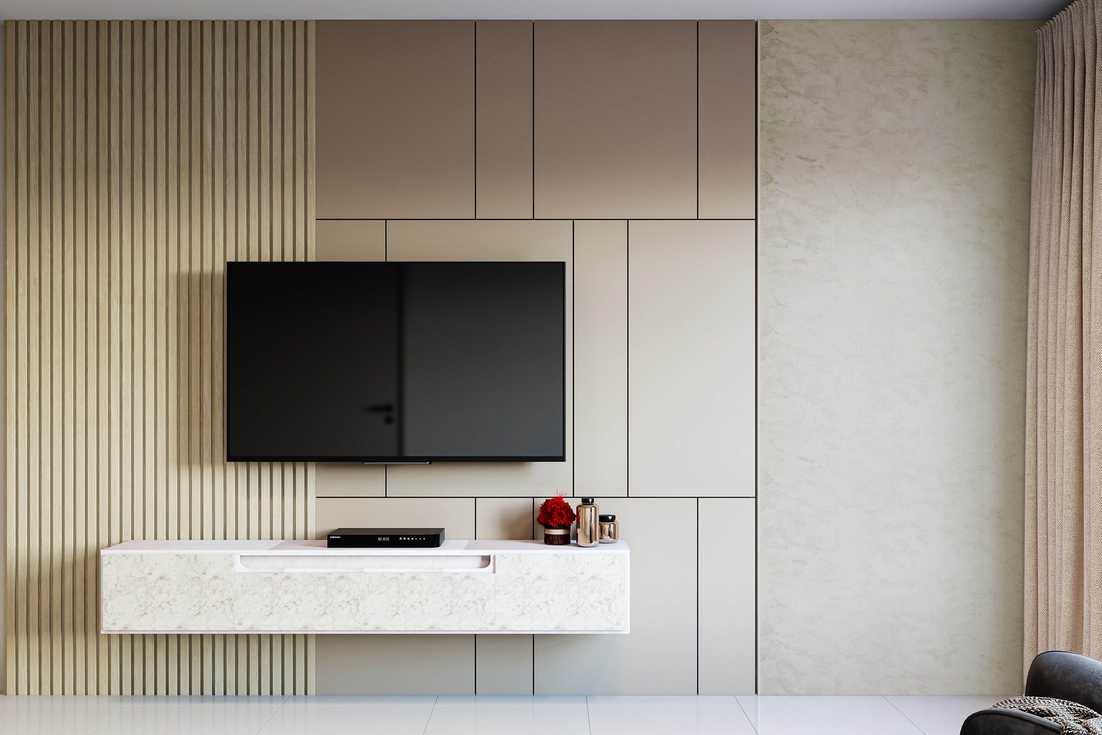 Minimal TV Unit Design with White Marble Console and Geometric Wall