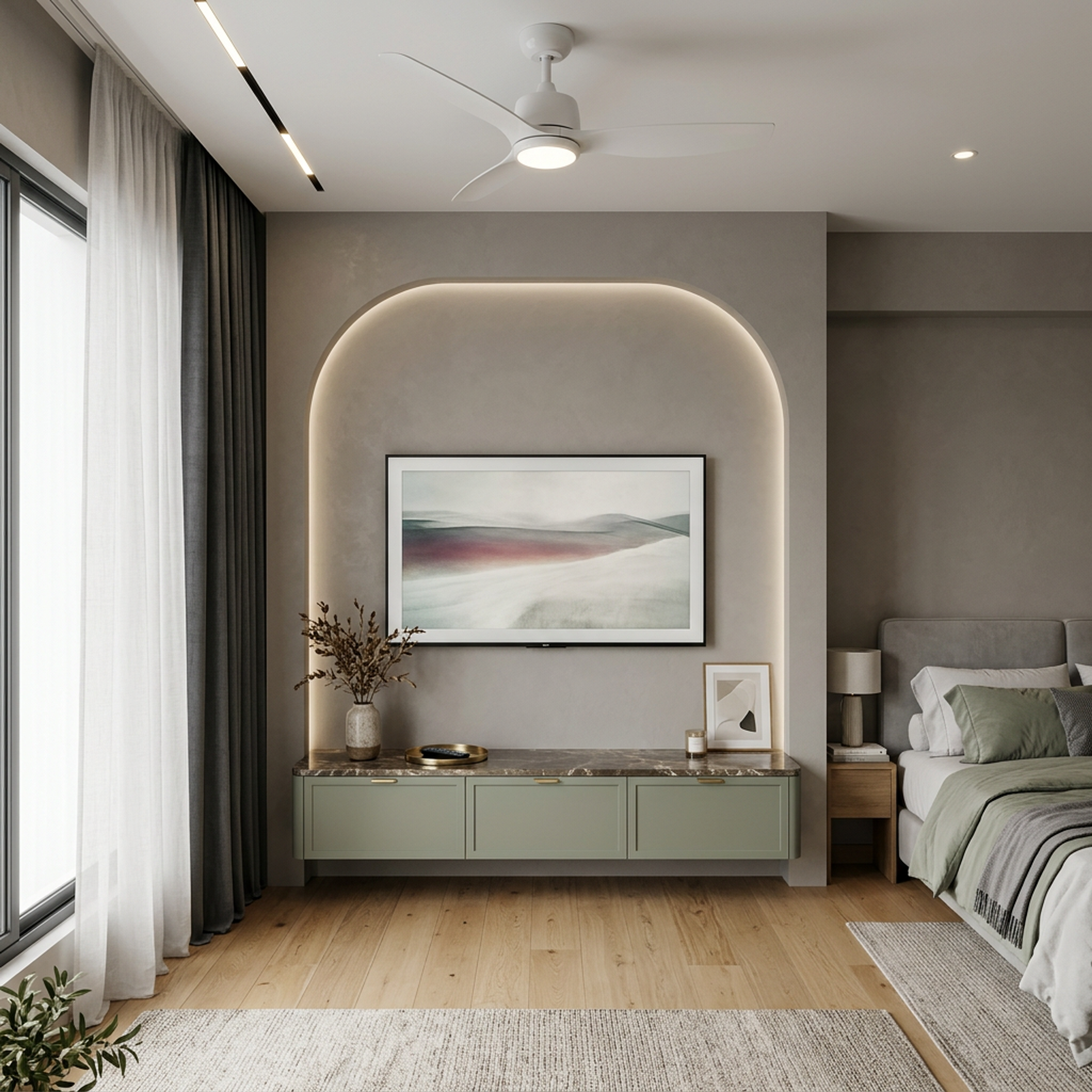 Contemporary TV Unit Design with Oversized Recessed Architectural Arch Backdrop