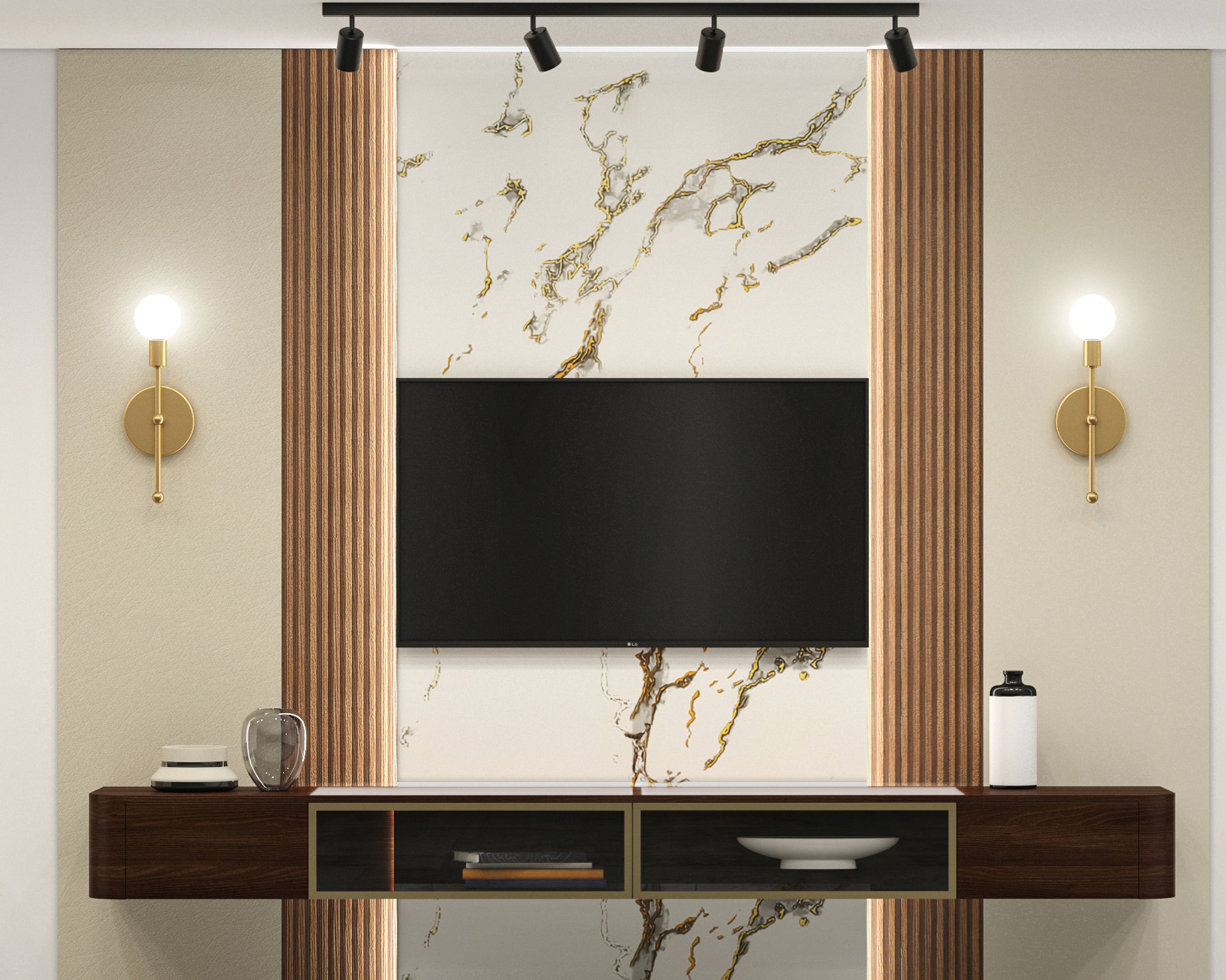 Contemporary TV Unit Design with Marble Panel and Gold Veined Backdrop