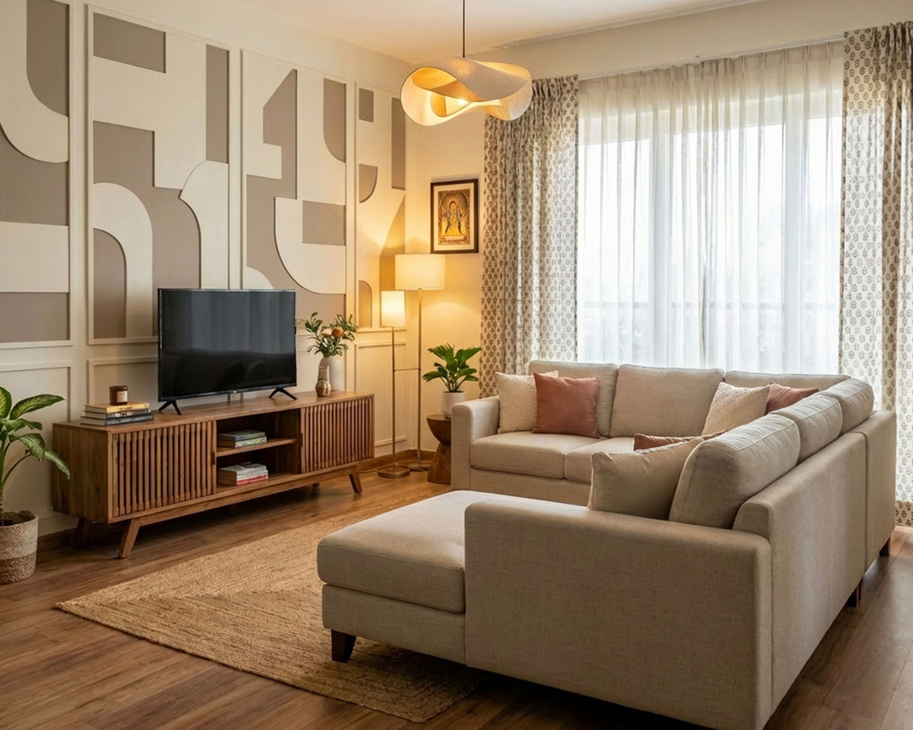 Mid-Century Modern Walnut TV Unit Design with Slatted Console and Geometric Panels