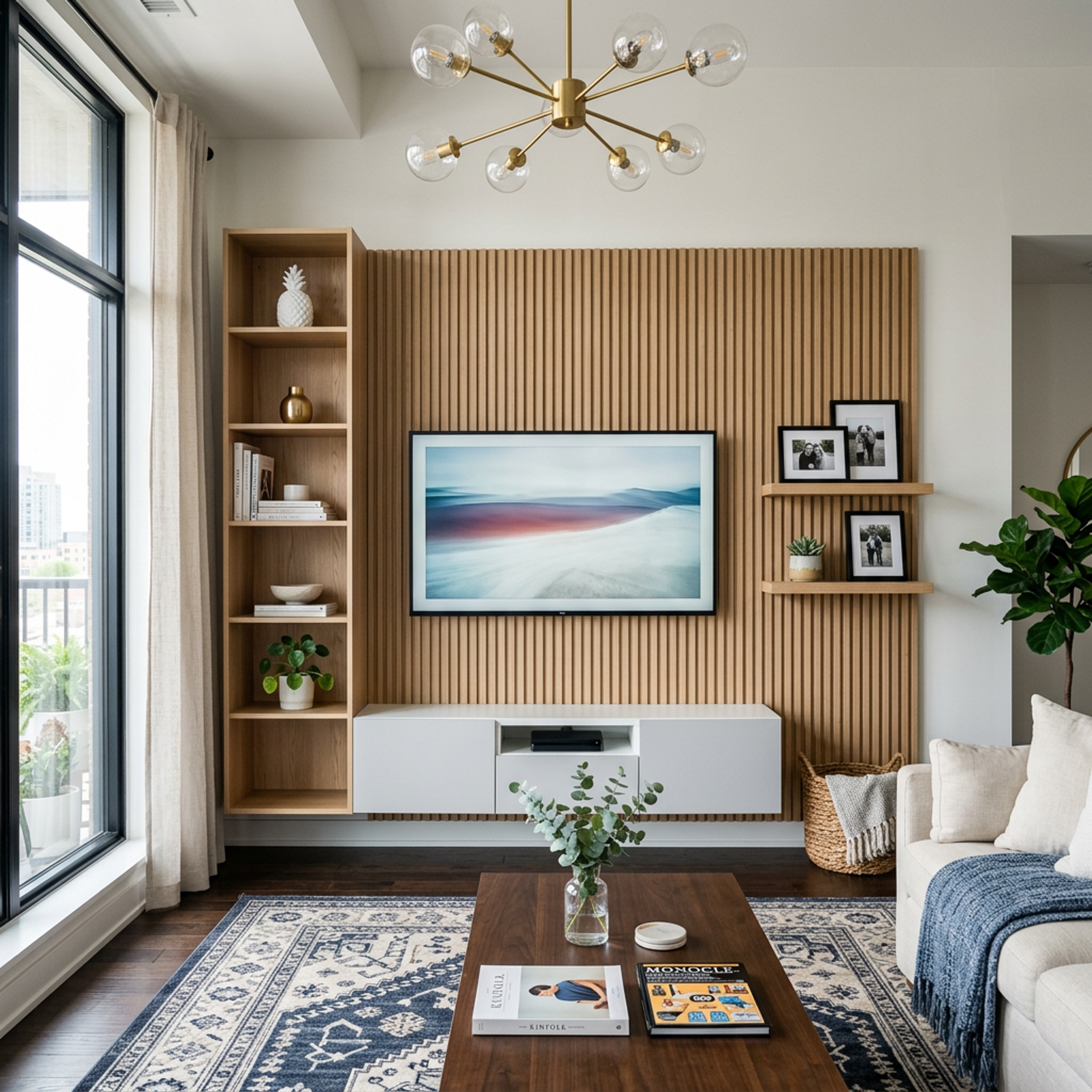 White and Teak Contemporary TV Unit Design with Floor To Ceiling Slatted Backdrop
