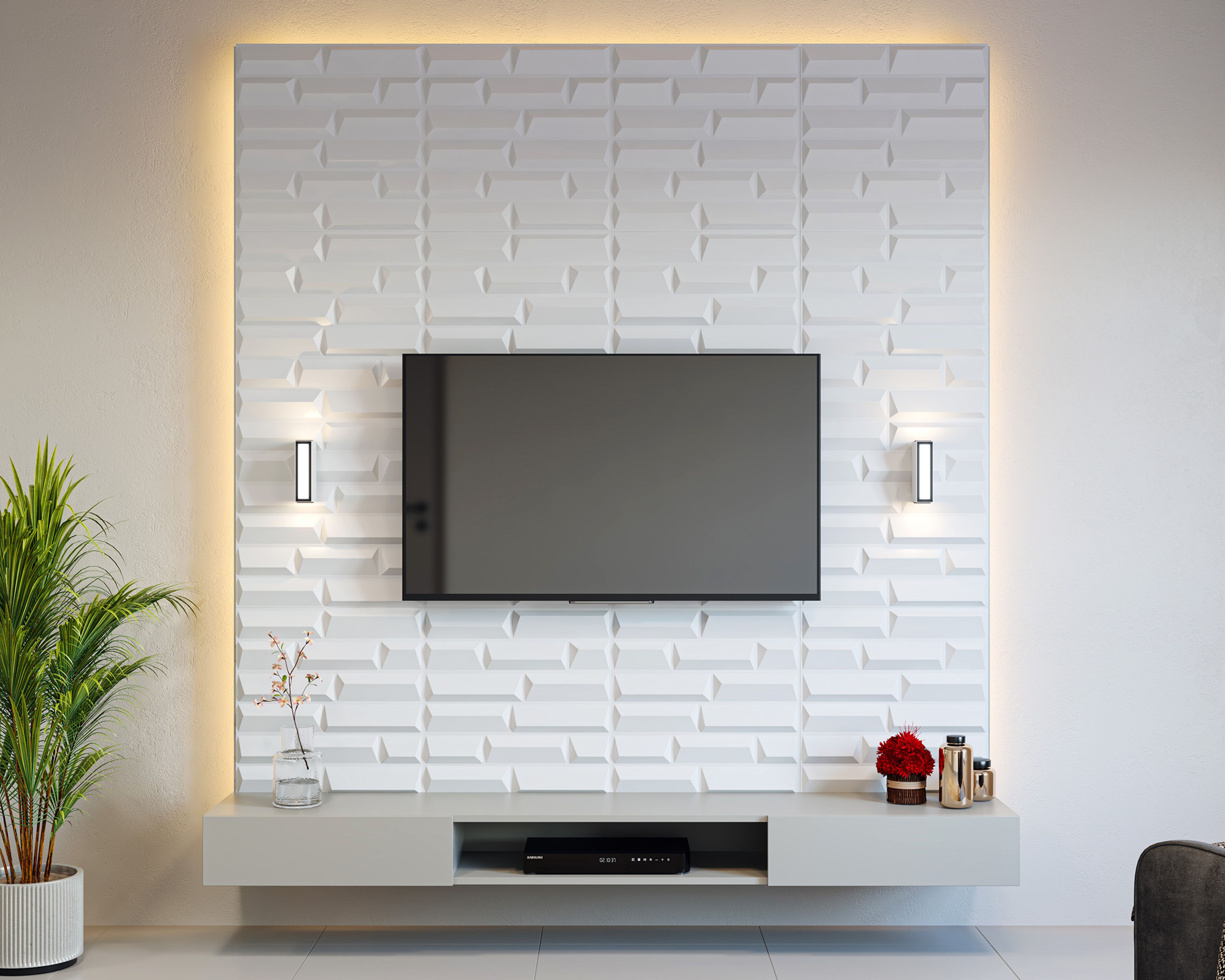 Minimal TV Unit Design with Geometric Textured Wall and Gray Console