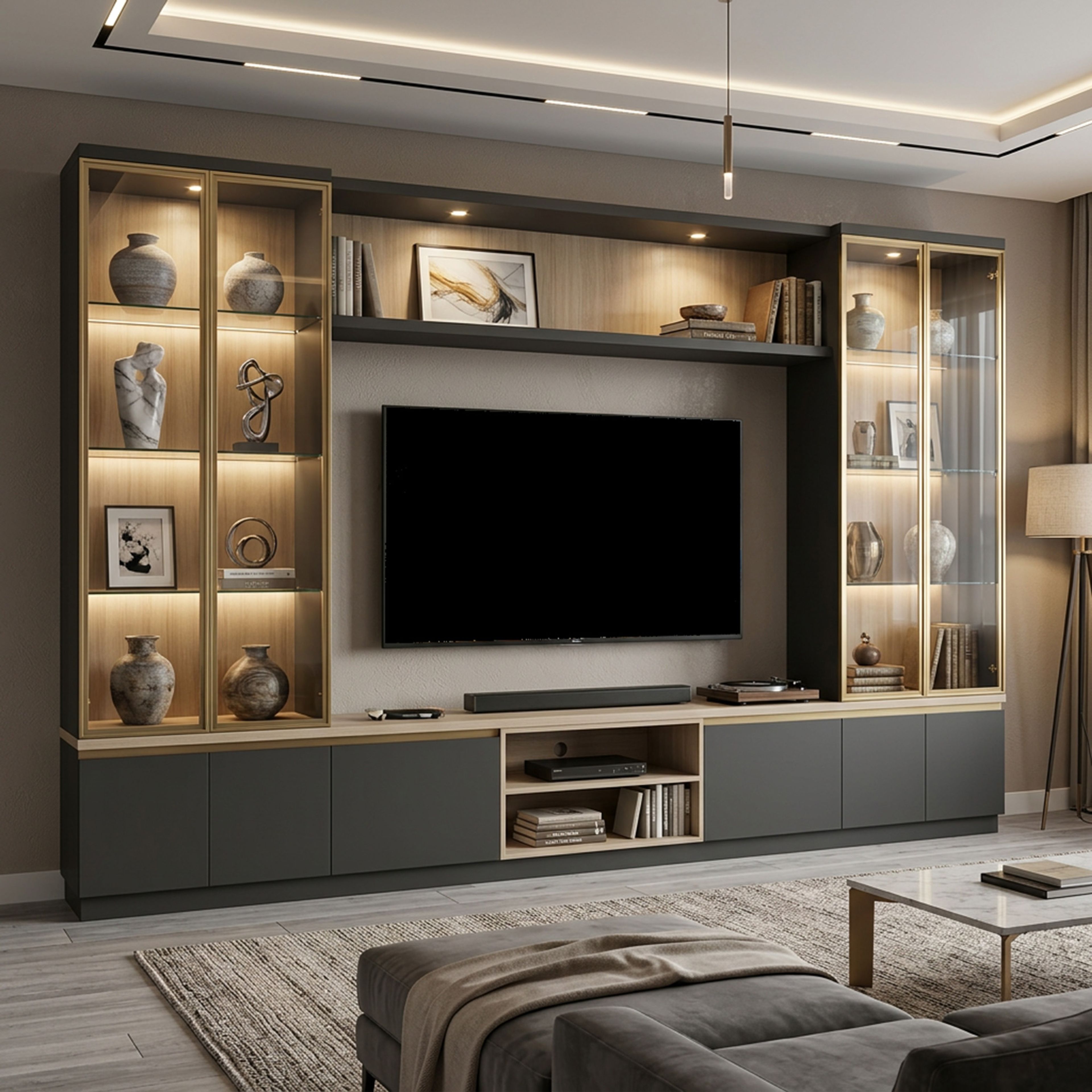 Grey and Walnut Contemporary TV Unit Design with Storage and Glass Display Cabinets