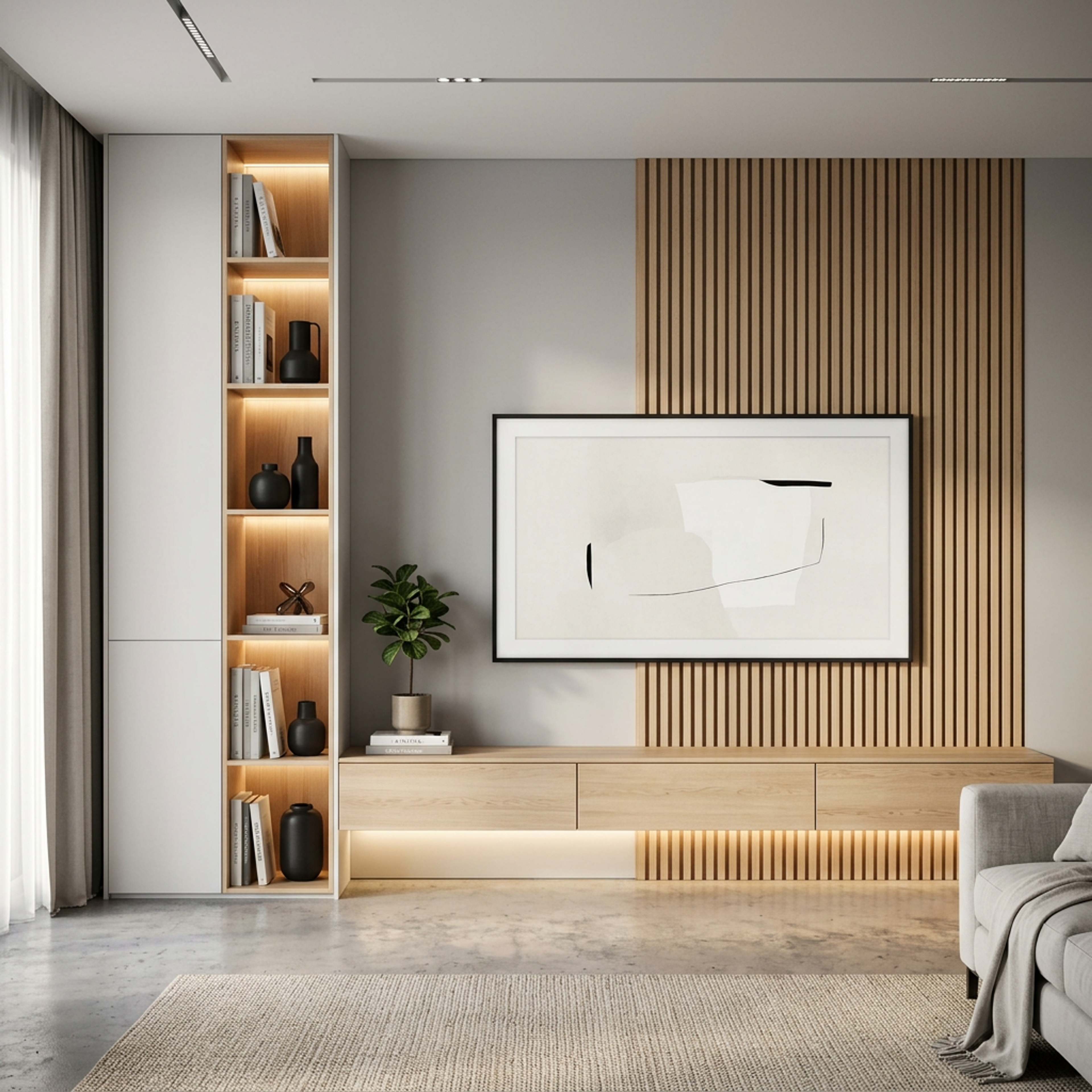 White and Walnut Modern TV Unit Design with Fluted Panels