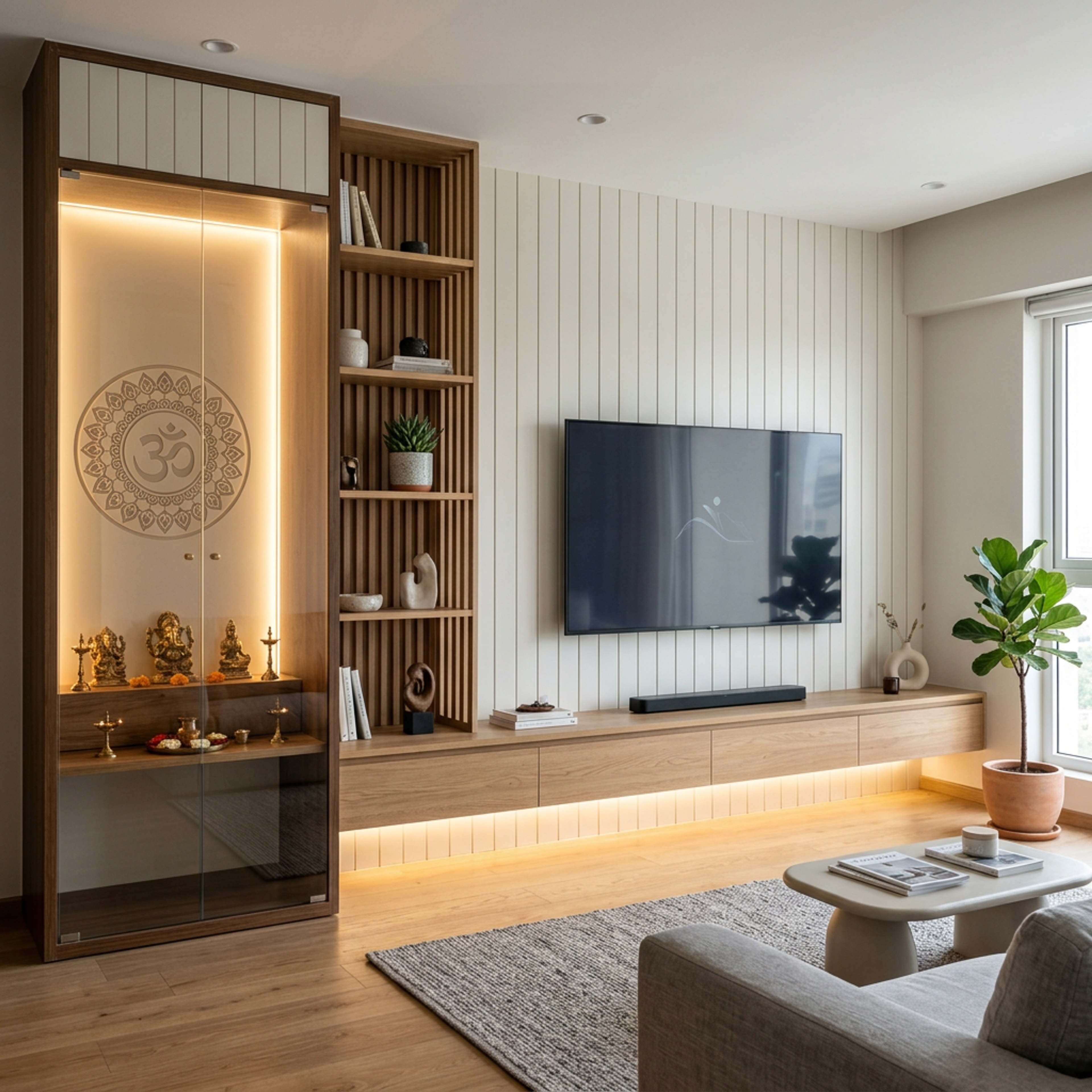 Contemporary Teak TV Unit Design with Seamless Integrated Pooja Room Mandir