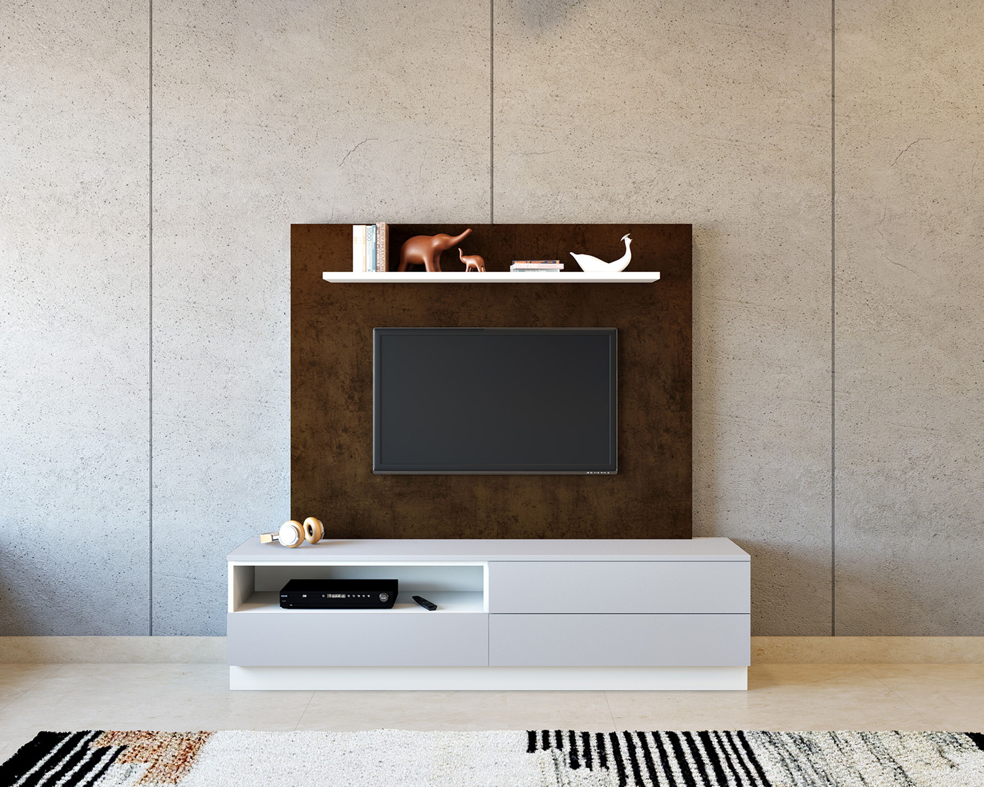 Contemporary TV Unit Design with Grey White and Copperworks Finish