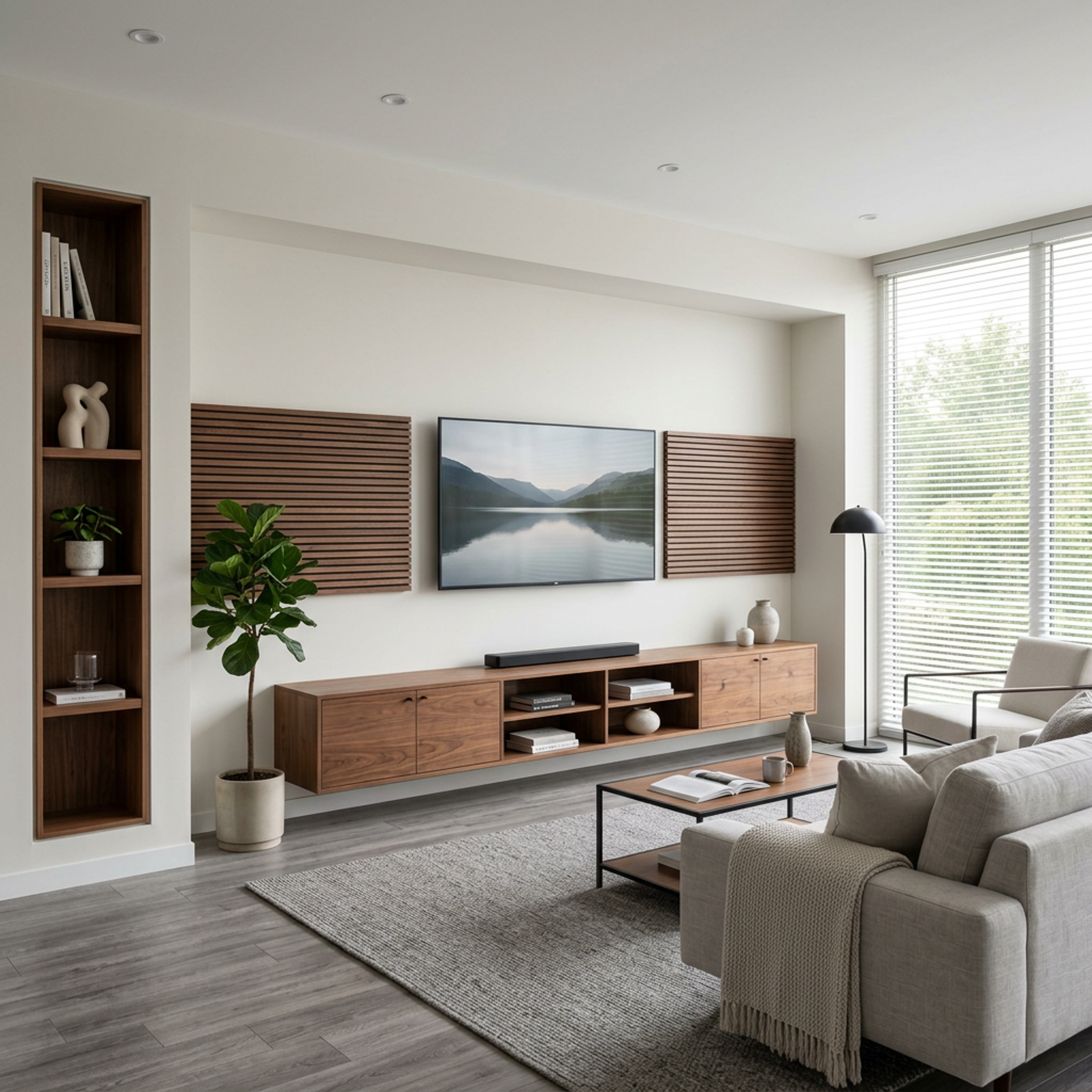 Teak Contemporary TV Unit Design with Horizontal Slatted Wood Panels