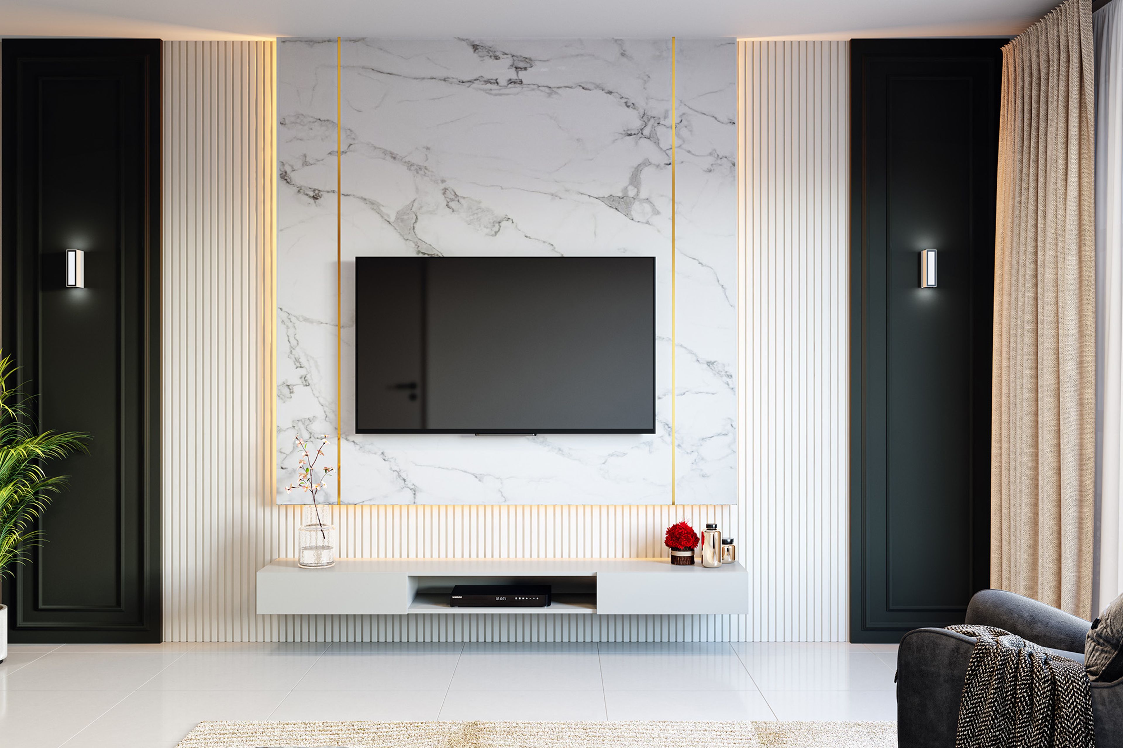 Modern TV Unit Design with White Gloss Finish and Marble Wall