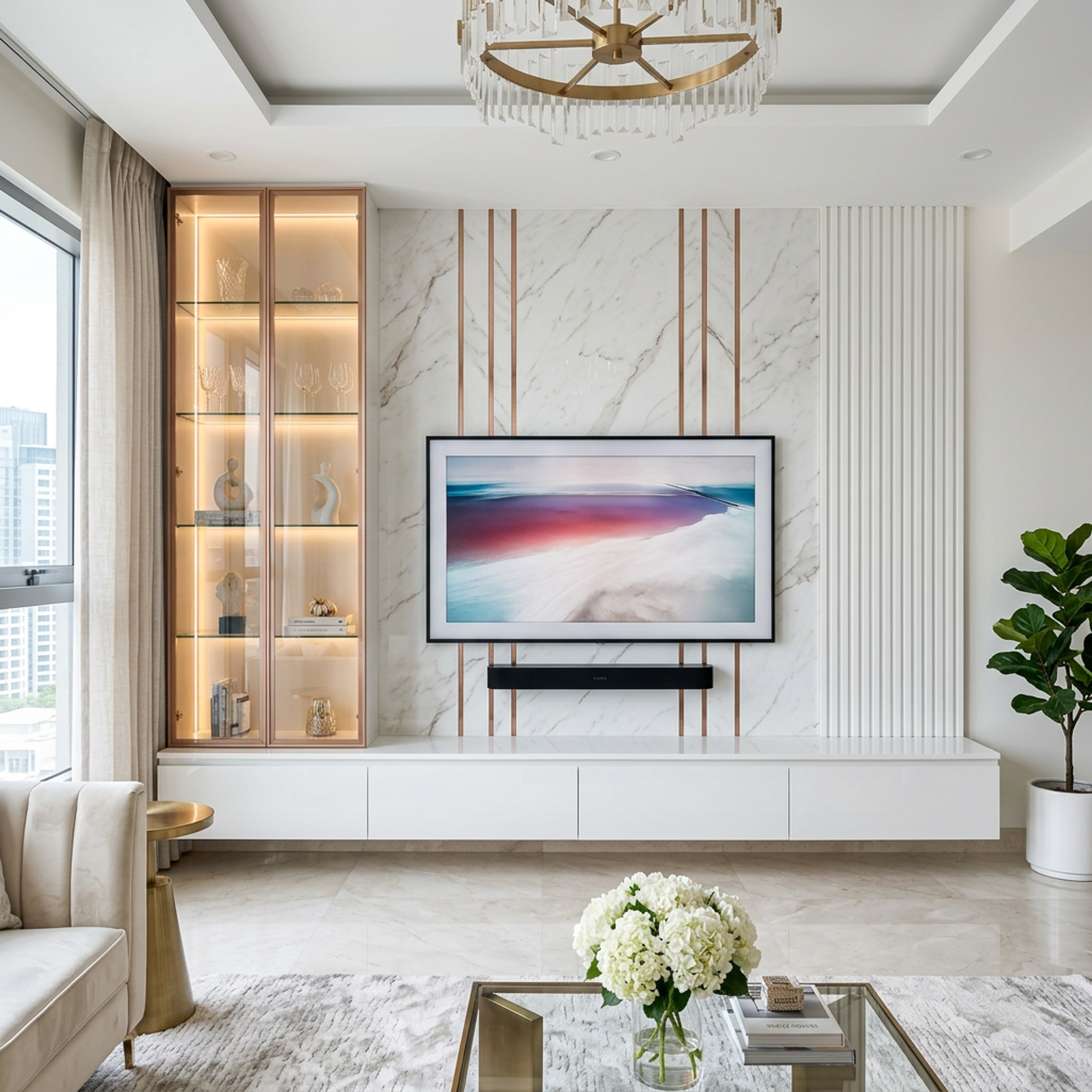 Modern TV Unit Design with White Floating Media Console in Suede Finish