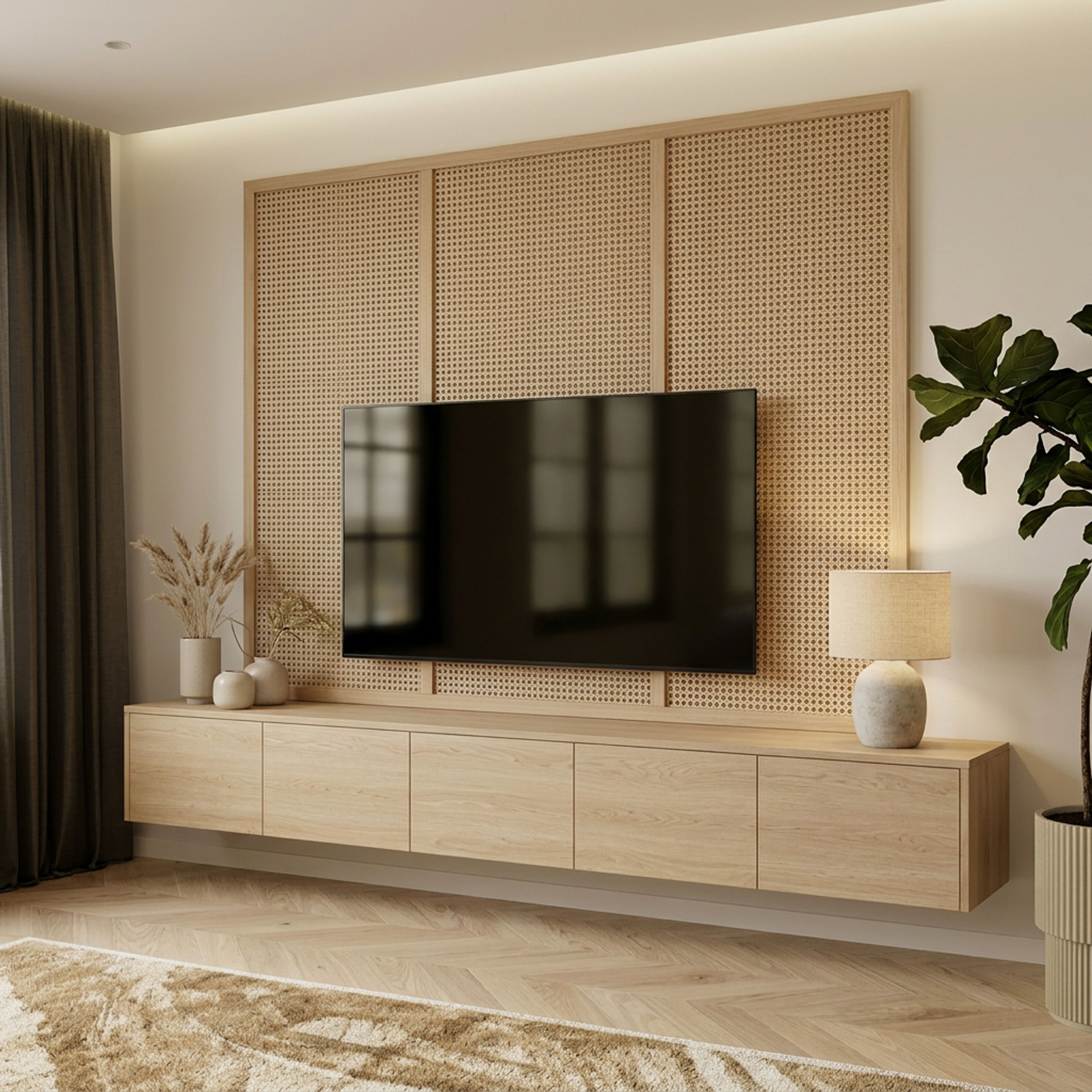 Modern TV Unit Design with Light Oak and Perforated Wood Panel