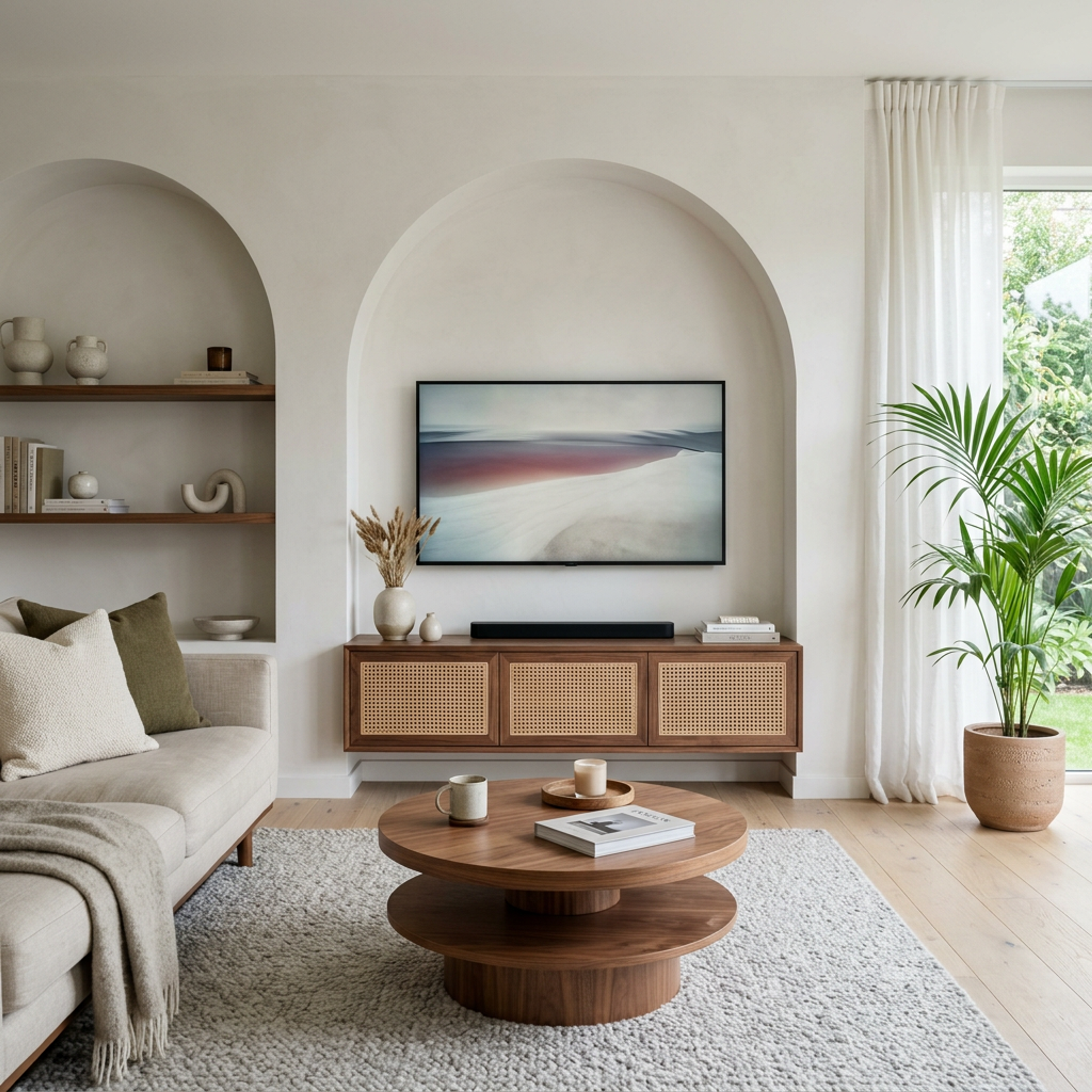 Contemporary Rattan TV Unit Design with Dual Sculpted Plaster Architectural Arches