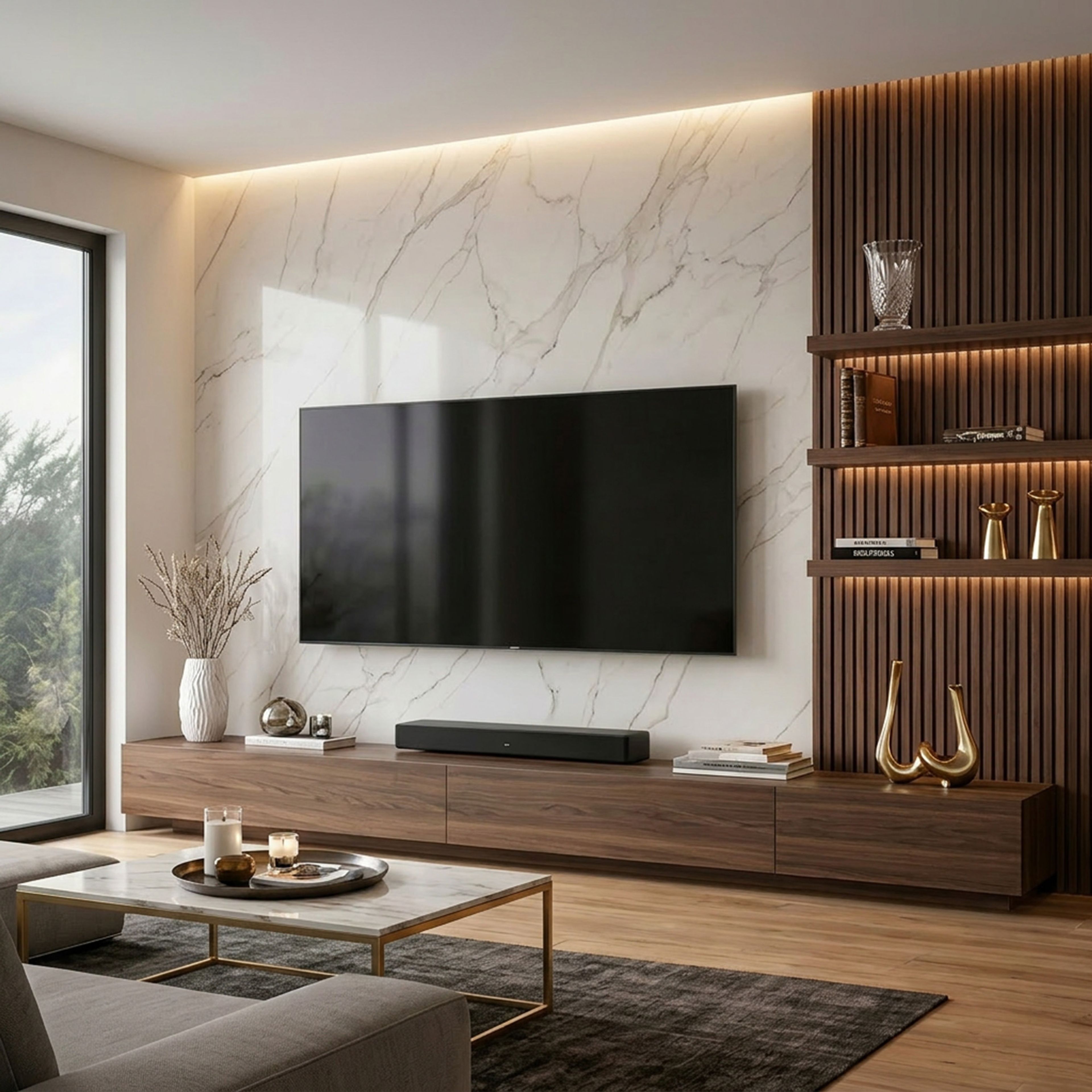 Minimal TV Unit Design with Sandy Fossil and Dark Wood Slats
