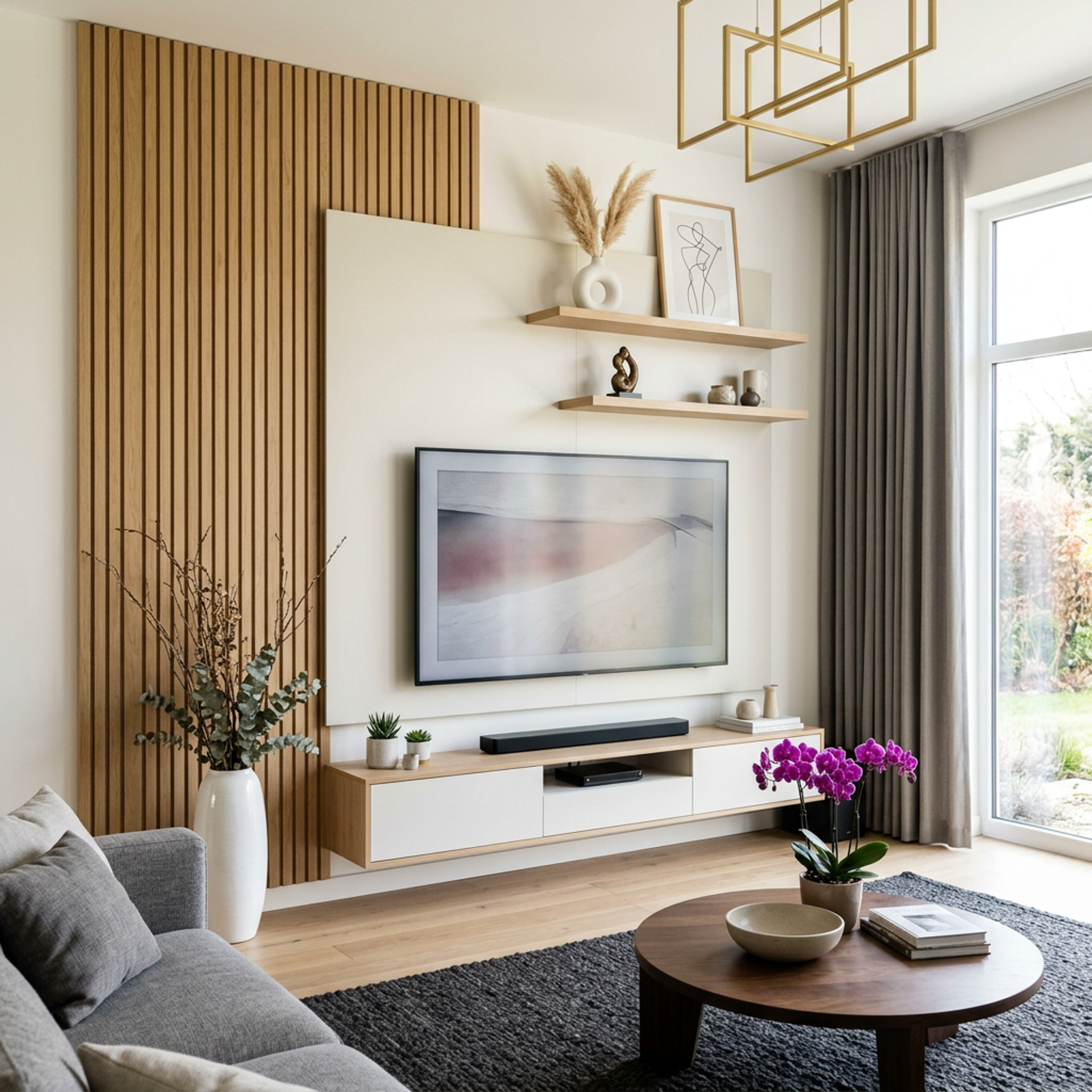 Contemporary TV Unit Design with Layered Architectural Wood Slatted Backdrop Setup