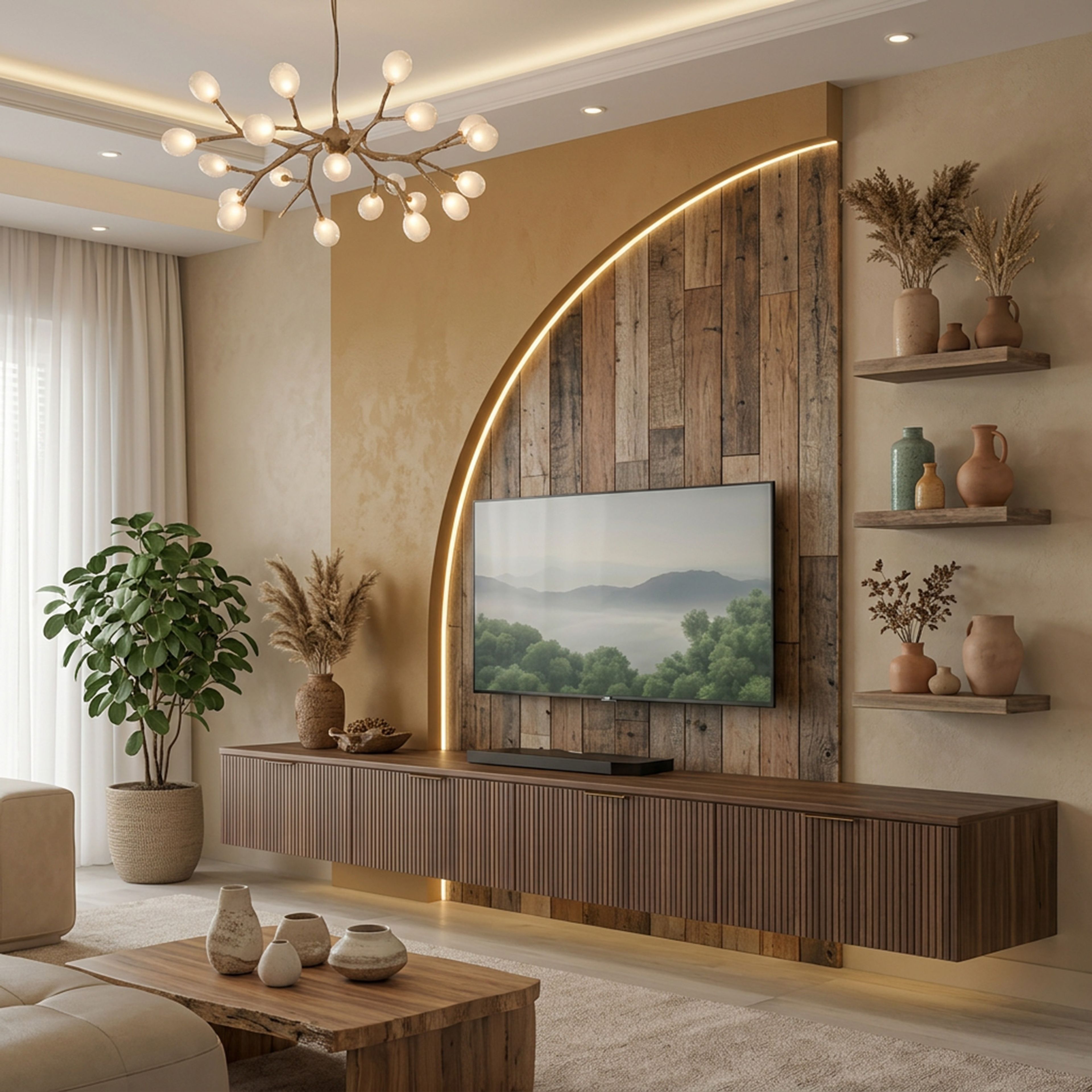 Rustic TV Unit Design with Walnut Brown and Curved LED Glow