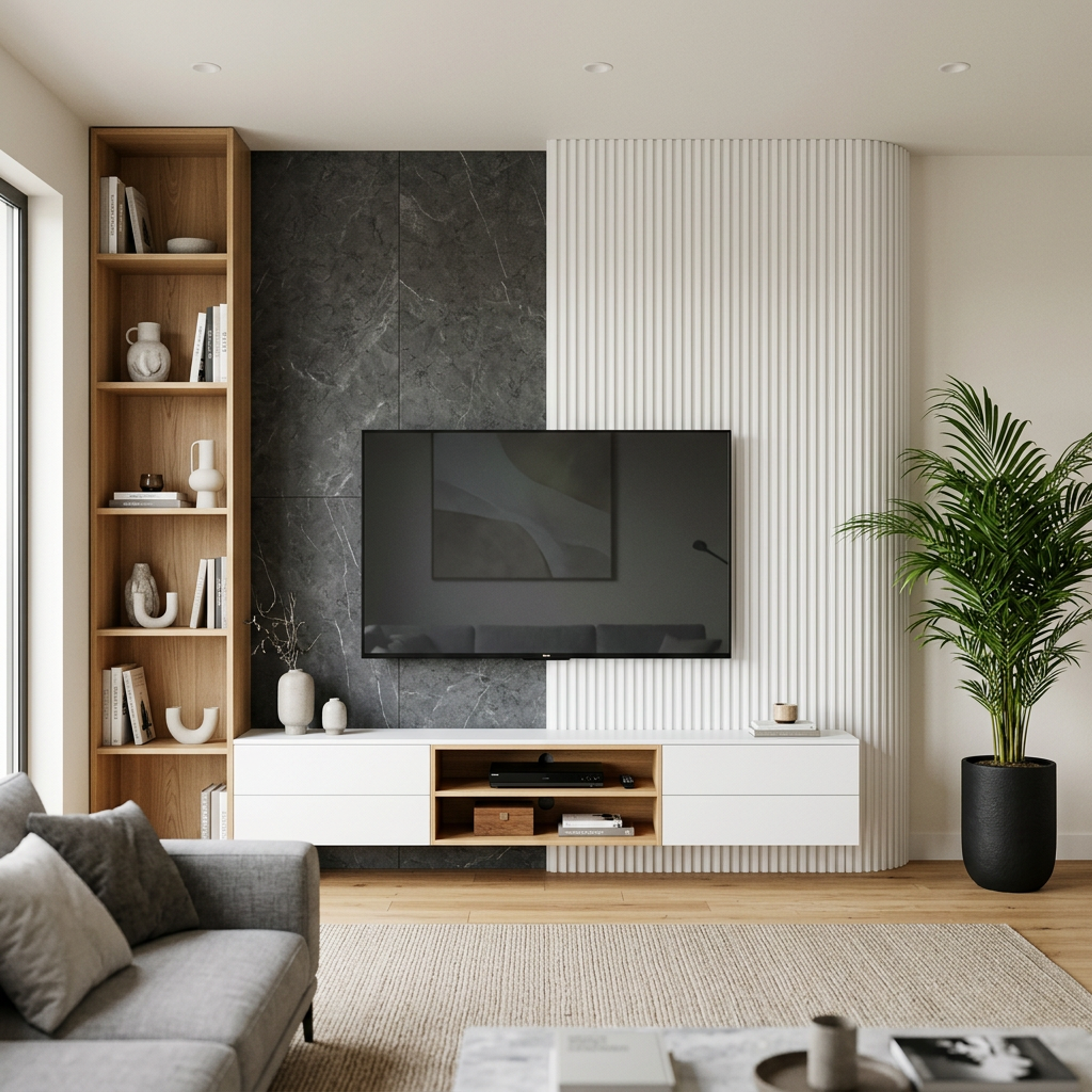 Modern TV Unit Design with Split Material Architectural Backdrop Layout