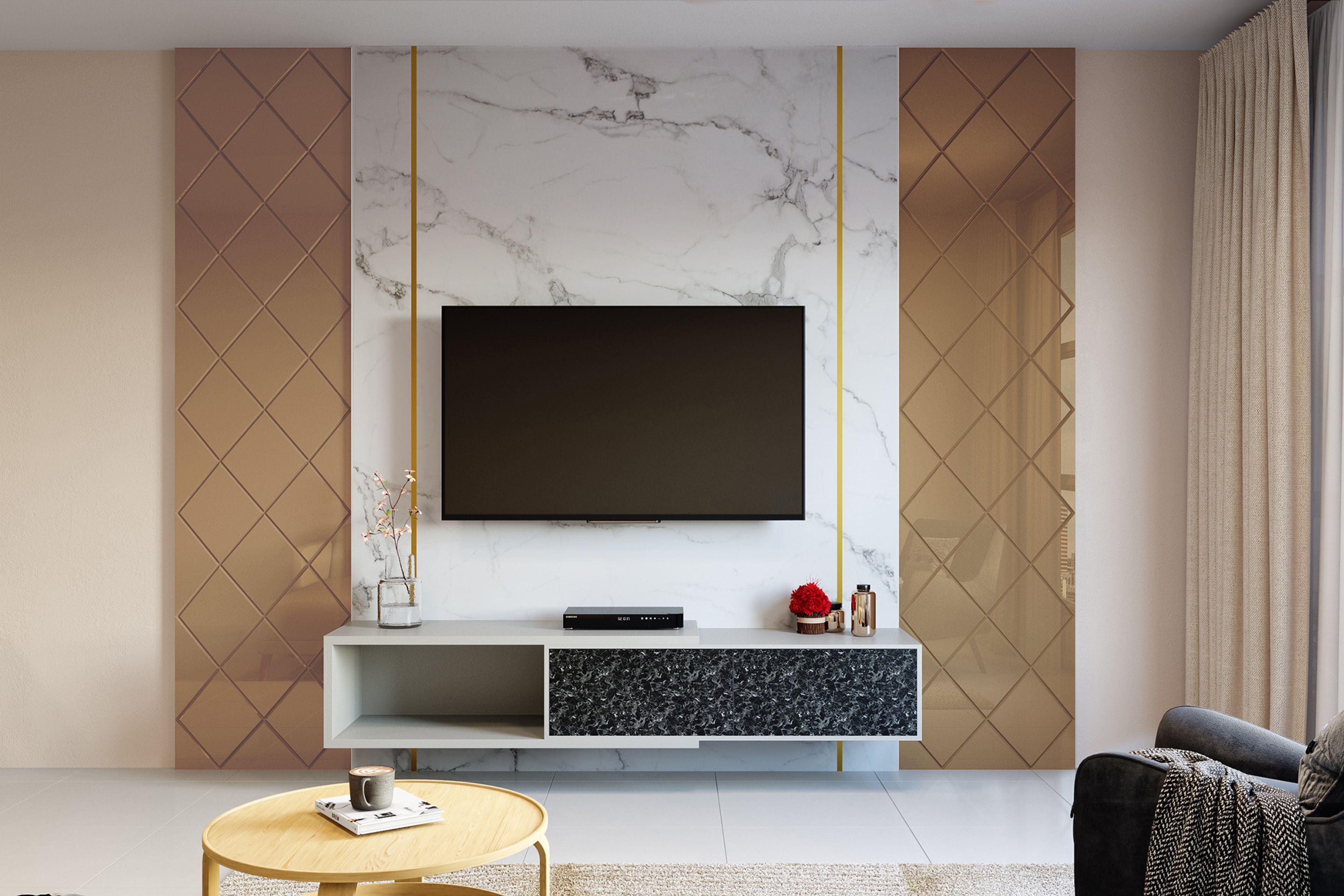 Contemporary TV Unit Design with Frosty White and Marble Stone Look