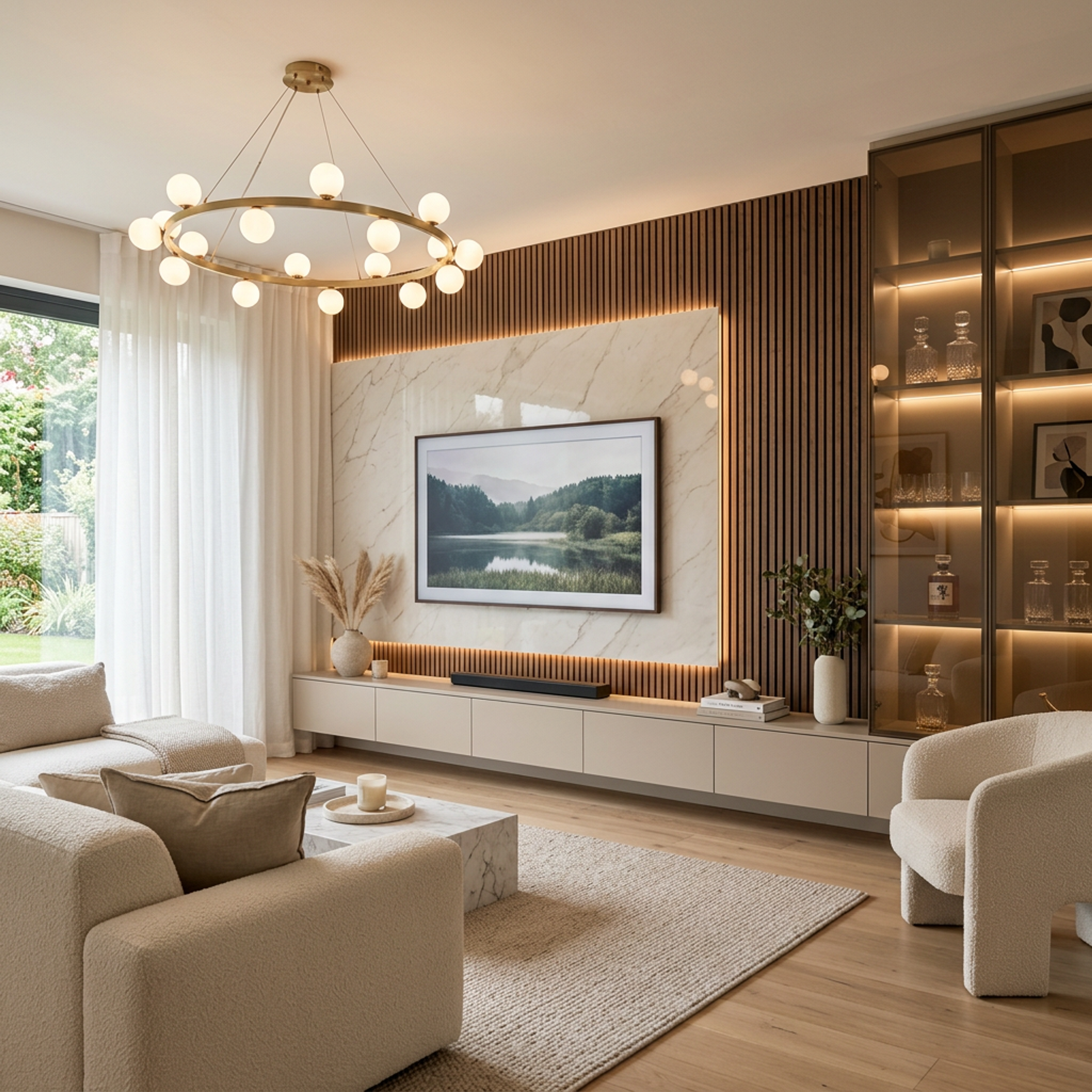 Modern White and Walnut Bronze TV Unit Design with White Marble Centerpiece