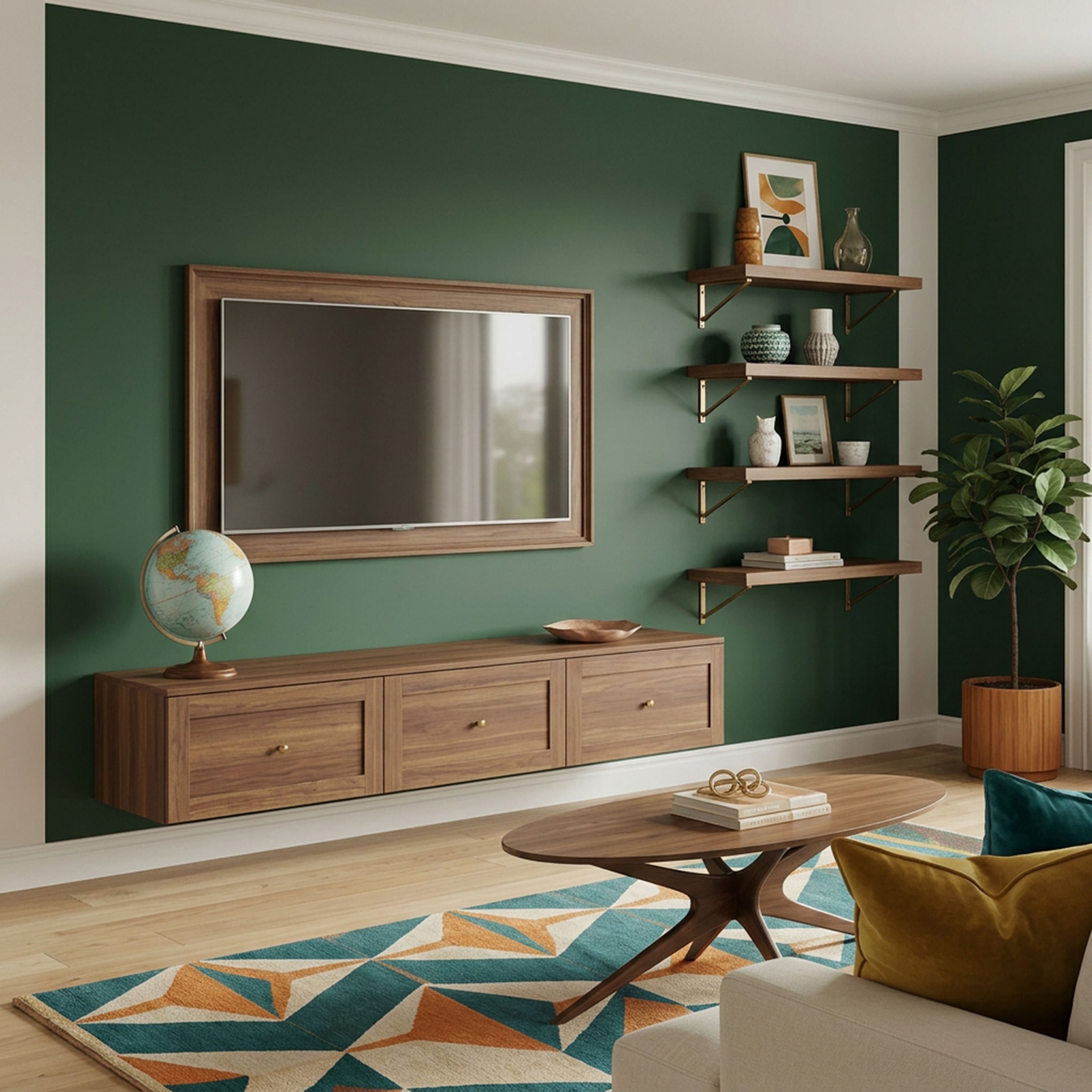 Mid Century Modern TV Unit Design with Tiepolo Wood and Green Wall