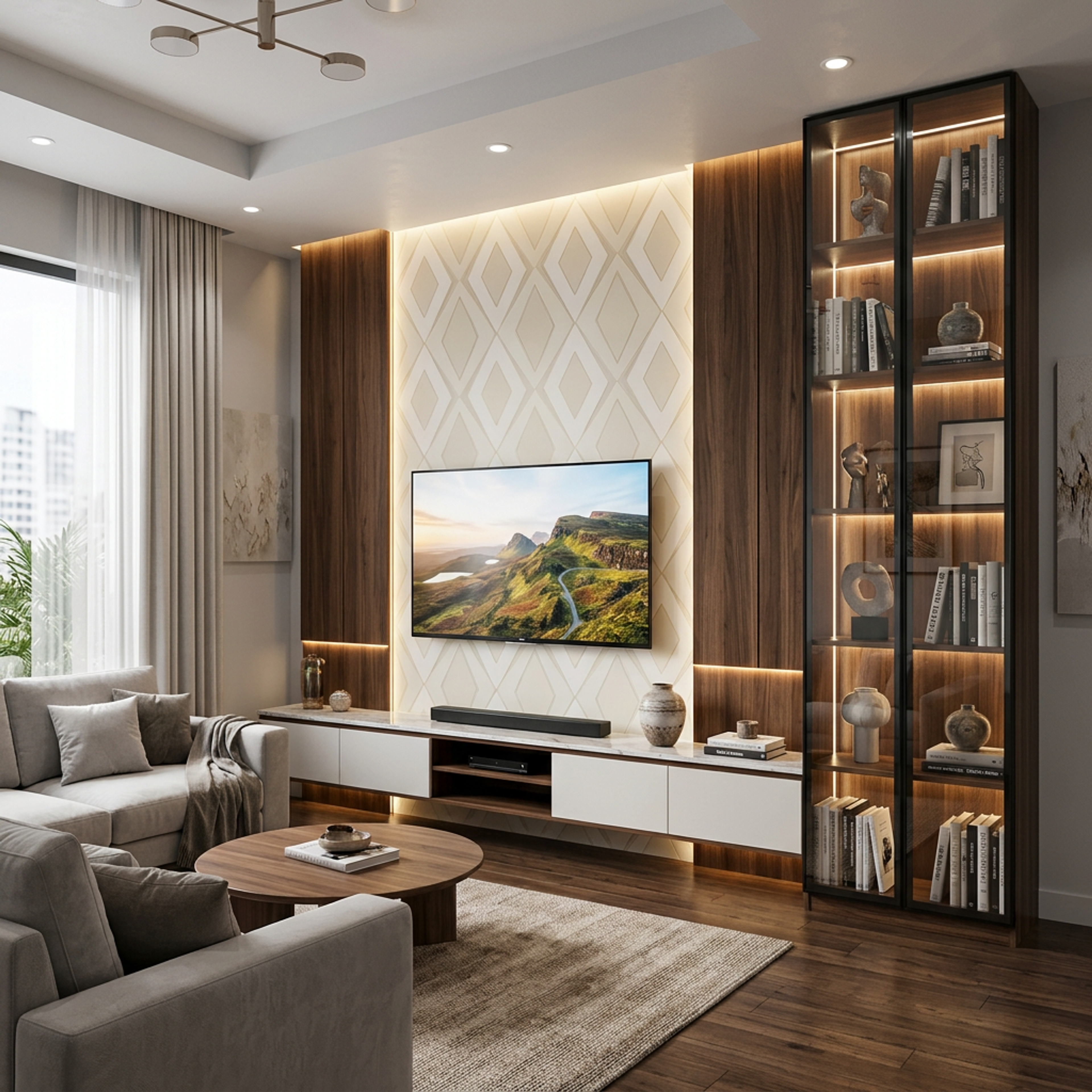 Contemporary TV Unit Design with Geometric Diamond Pattern Backdrop