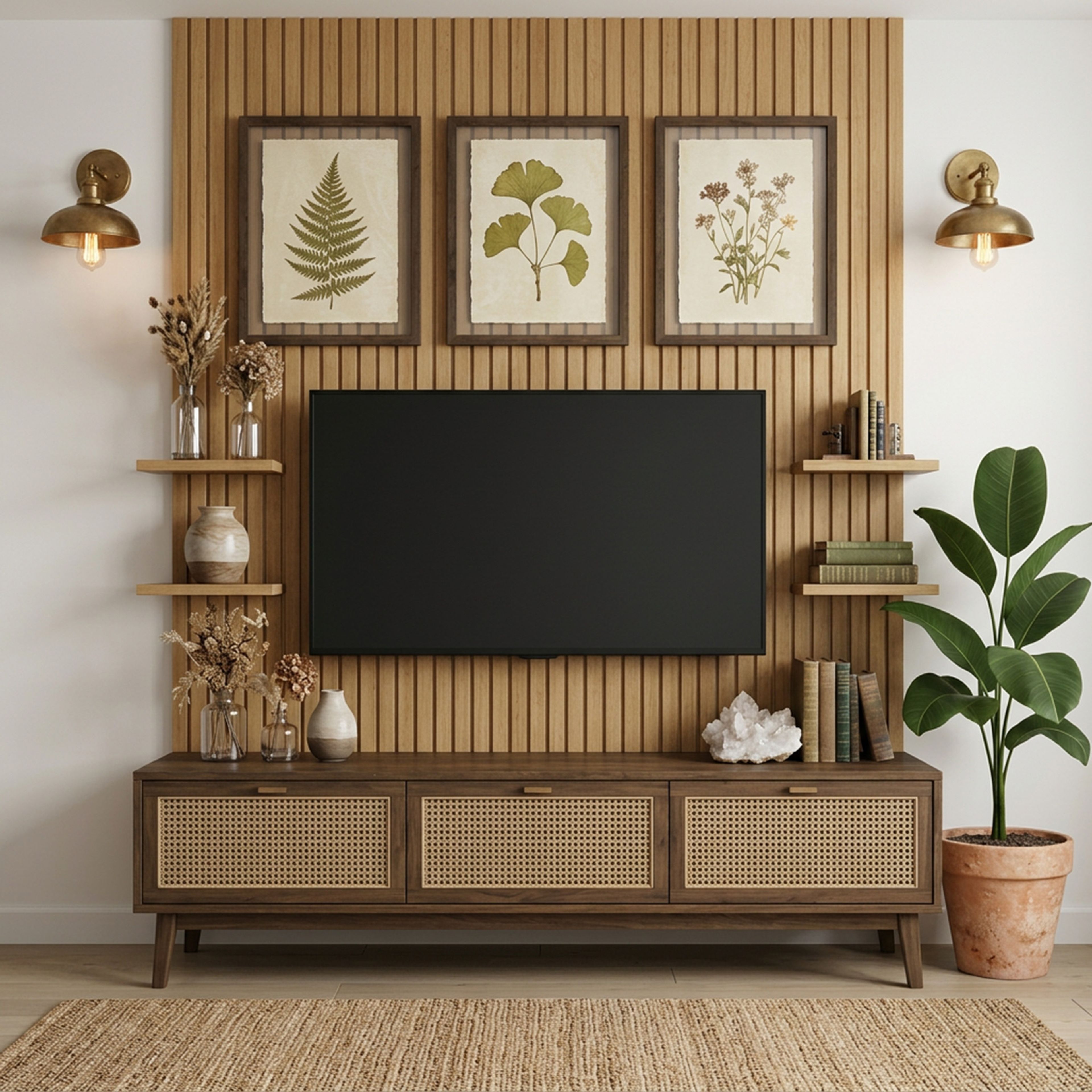 Bohemian TV Unit Design with Woven Cane Doors and Ribbed Wooden Panels