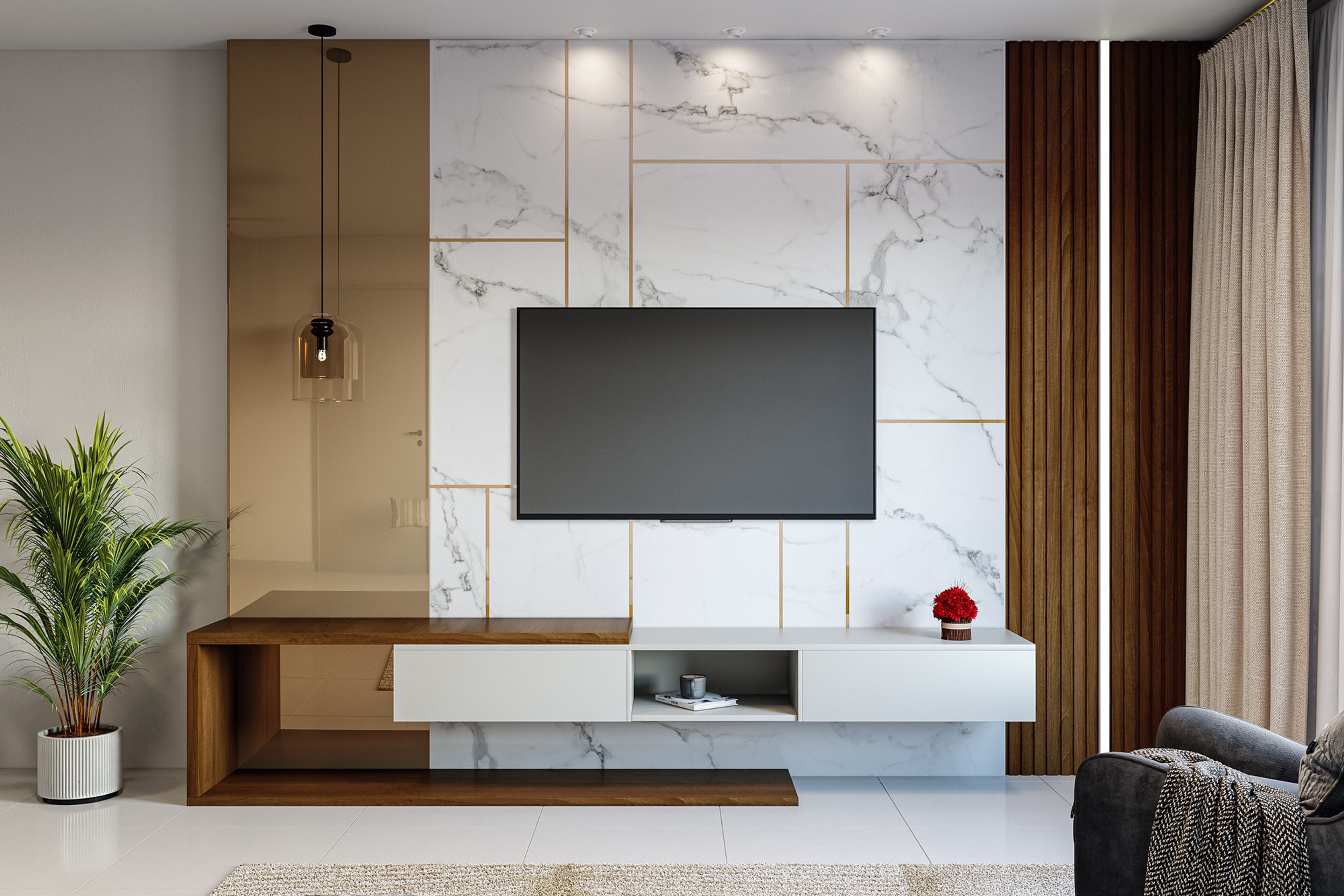 Contemporary White and Walnut Bronze TV Unit Design with Console Table