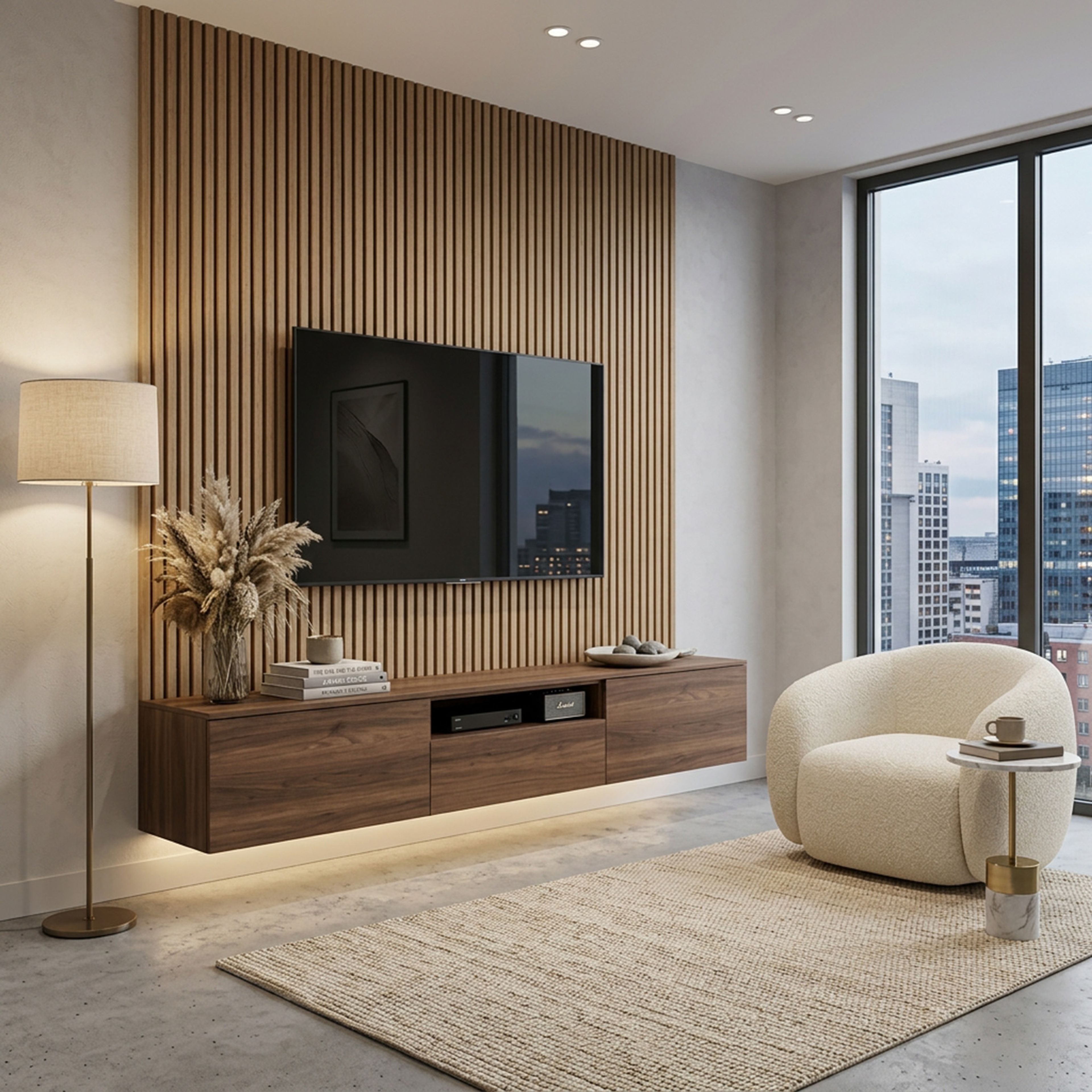 Dark-Walnut Contemporary TV Unit Design with Wooden Slat Wall and Storage