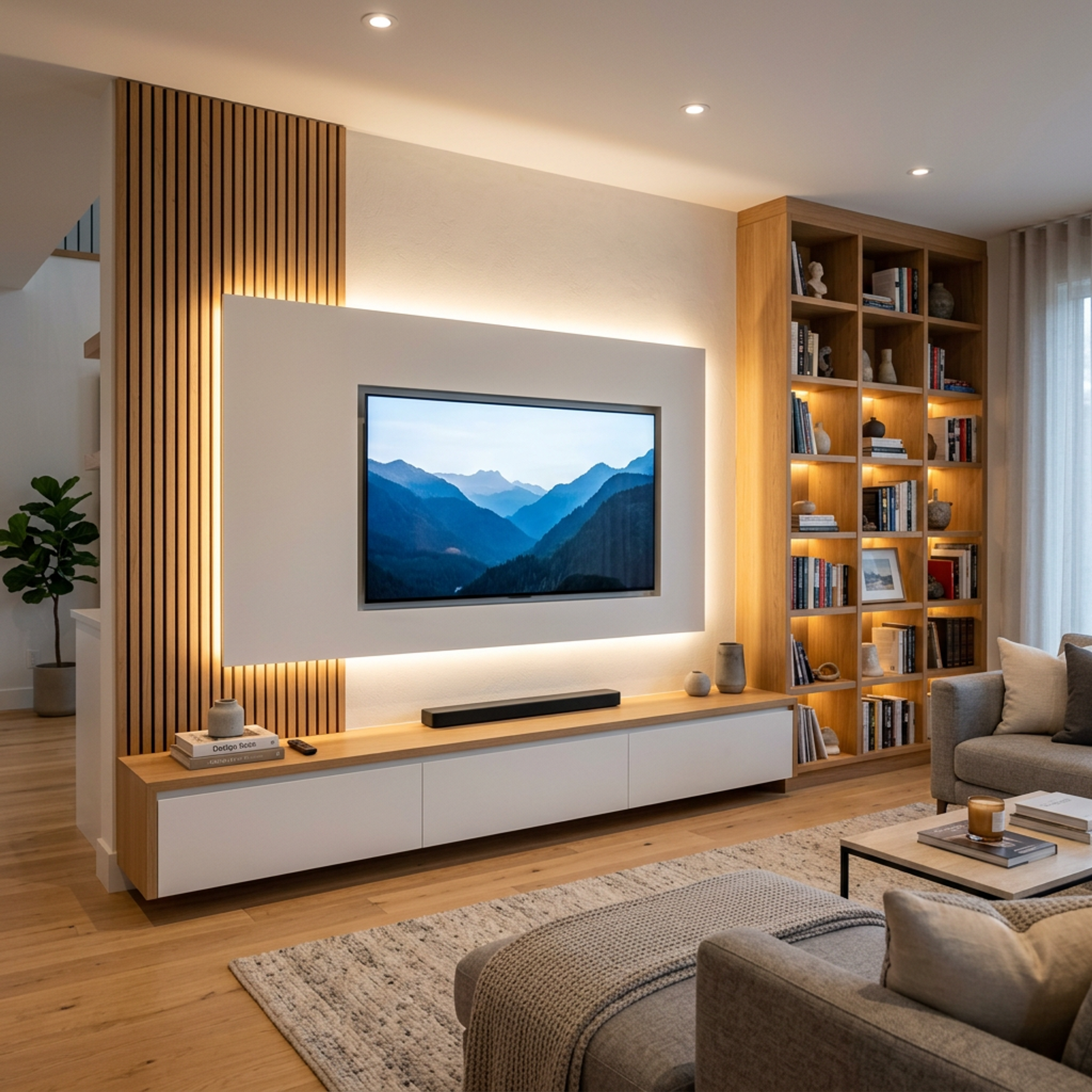 Modern TV Unit Design with Protruding White and Walnut Central Mounting Panel