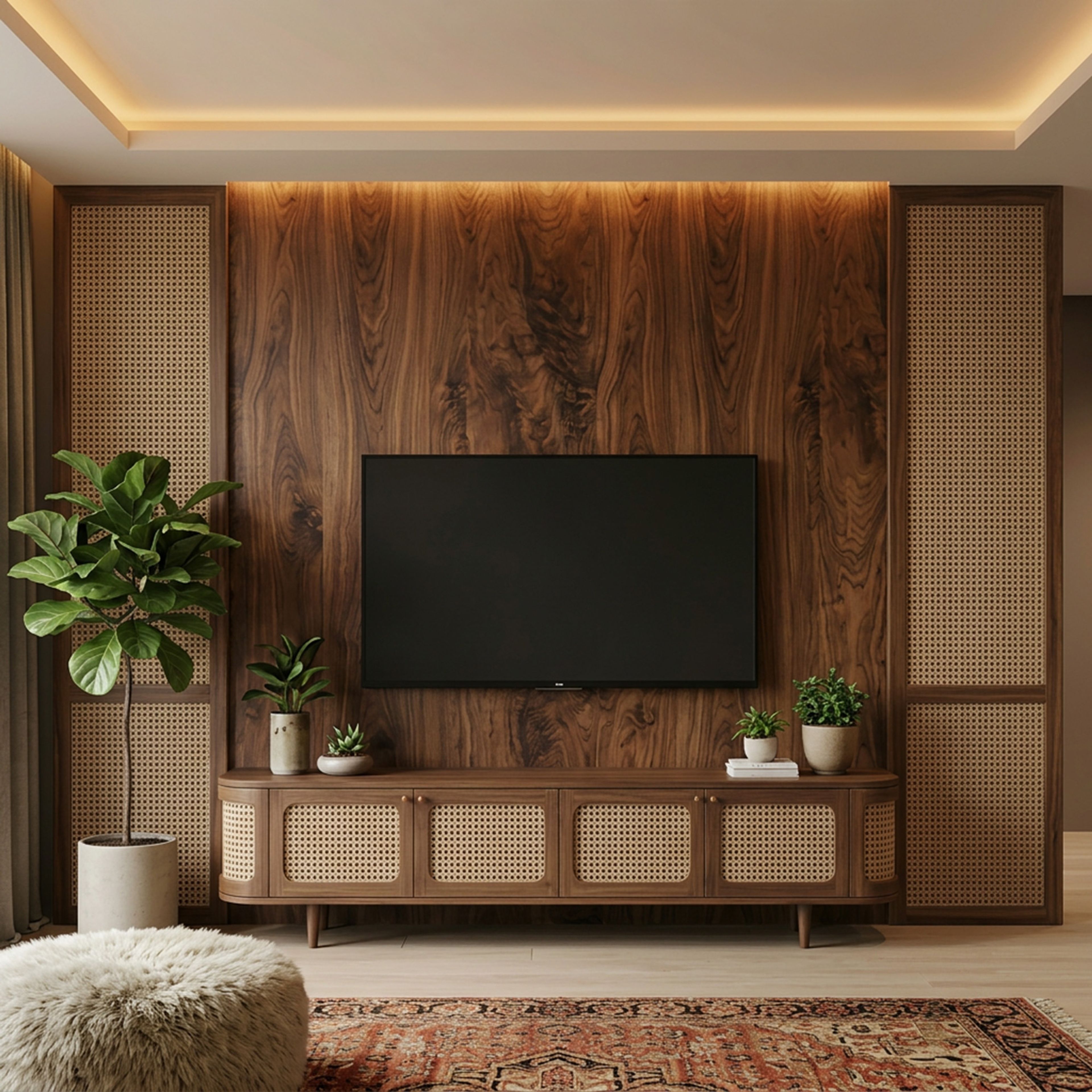 Walnut Bronze Mid-Century Modern TV Unit Design with Cane Panels and Wooden Finish