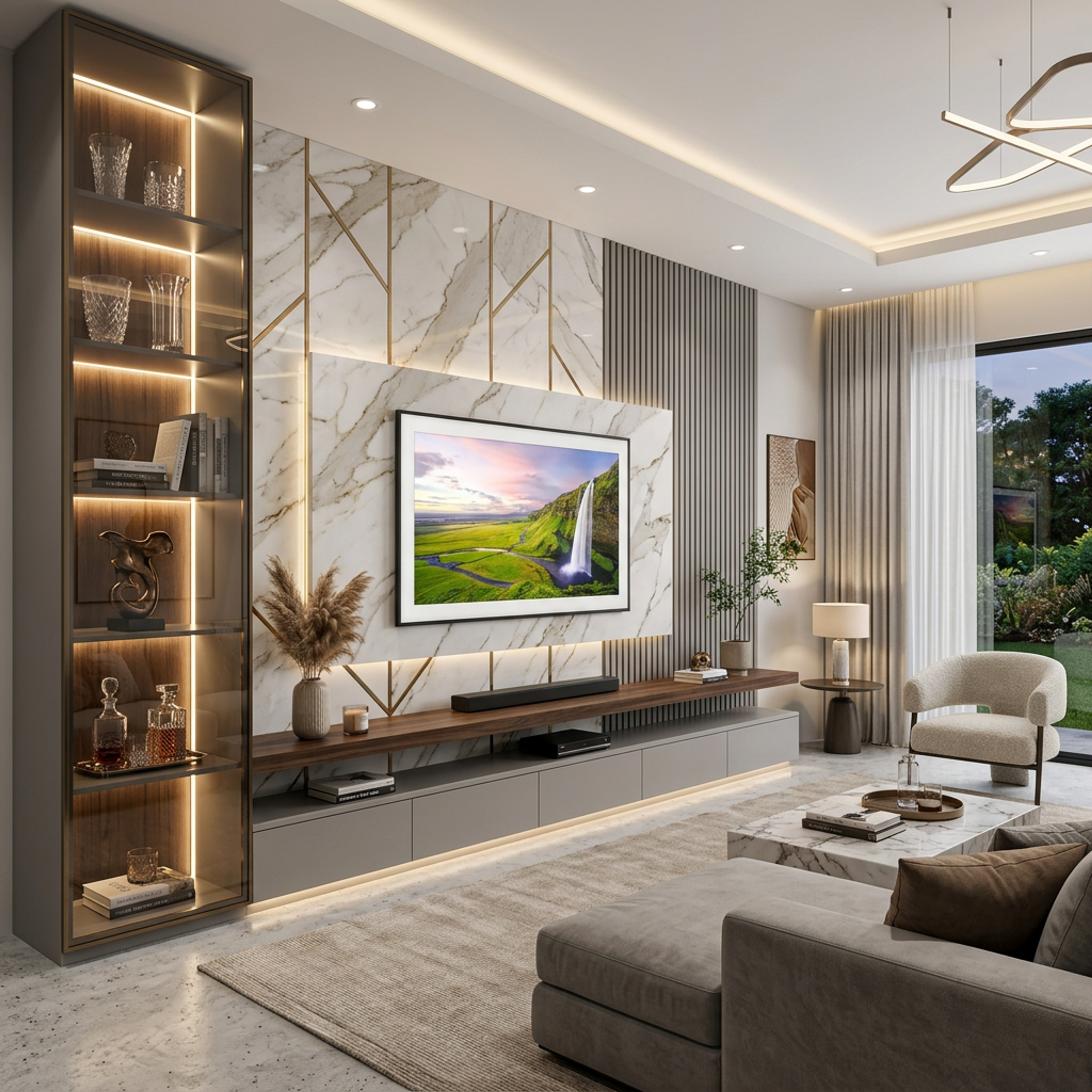 Contemporary TV Unit Design with Floating Console and Fluted Panels