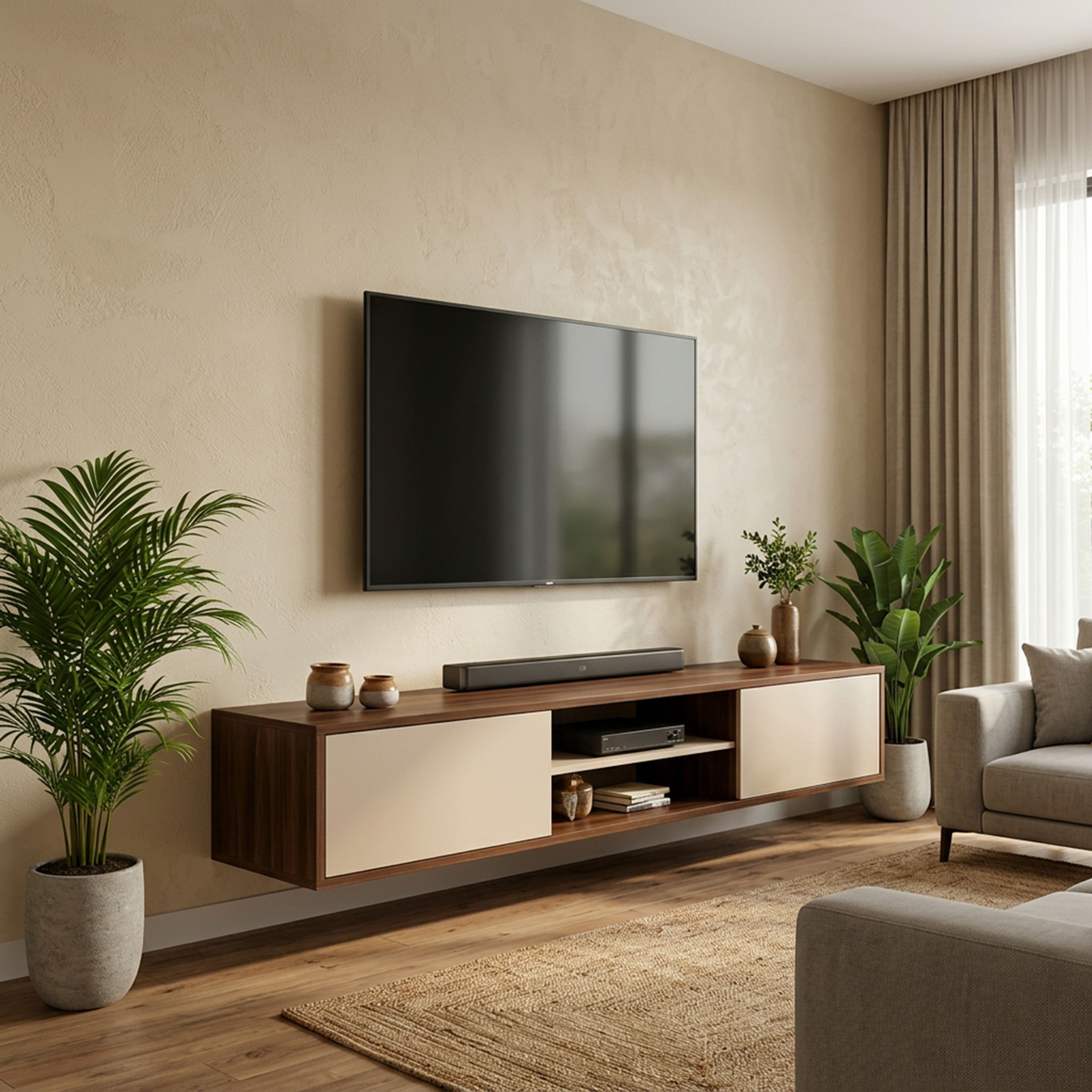Beige and Canadian Walnut Minimal TV Unit Design with Matte Finish