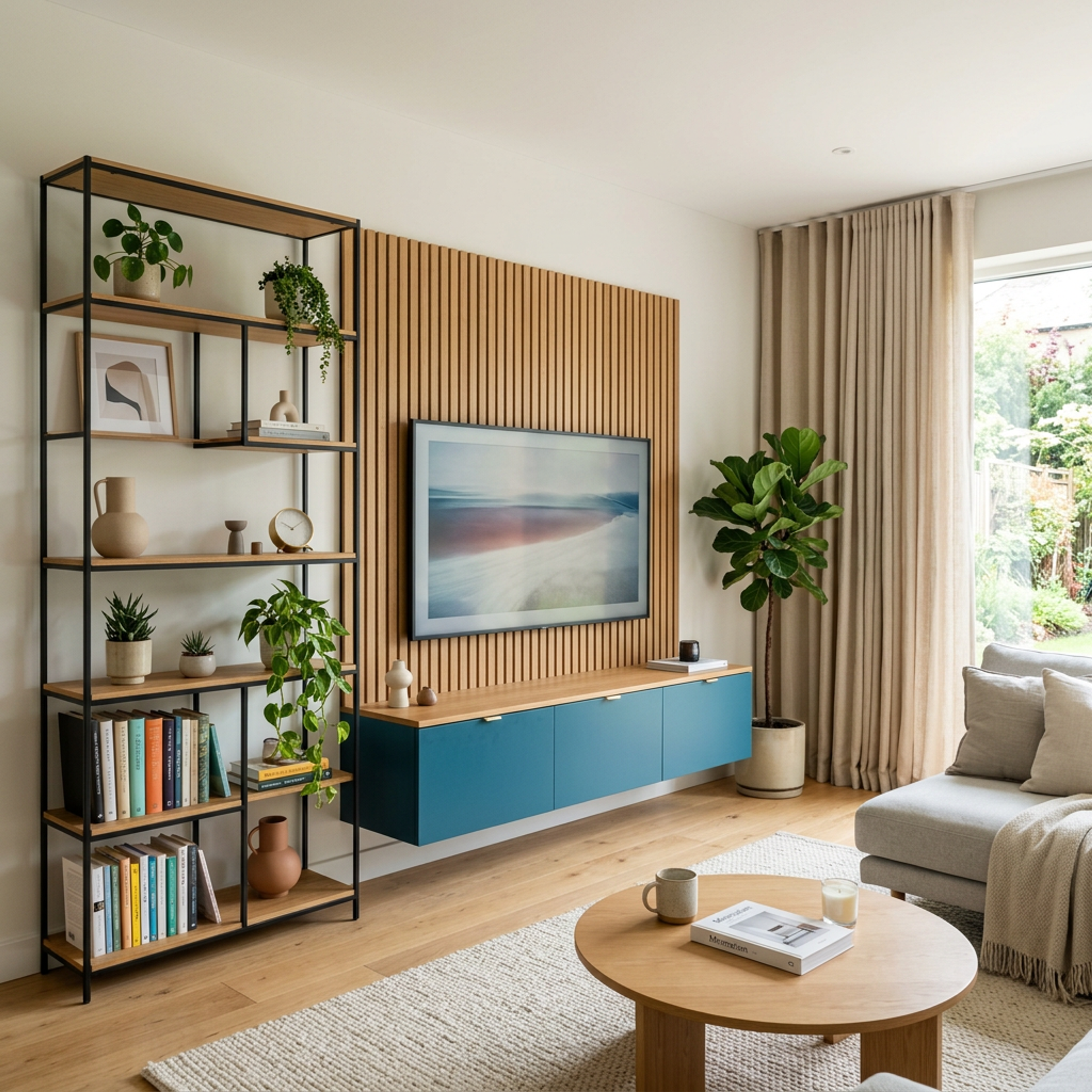 Contemporary TV Unit Design with Vibrant Teal Blue Floating Console