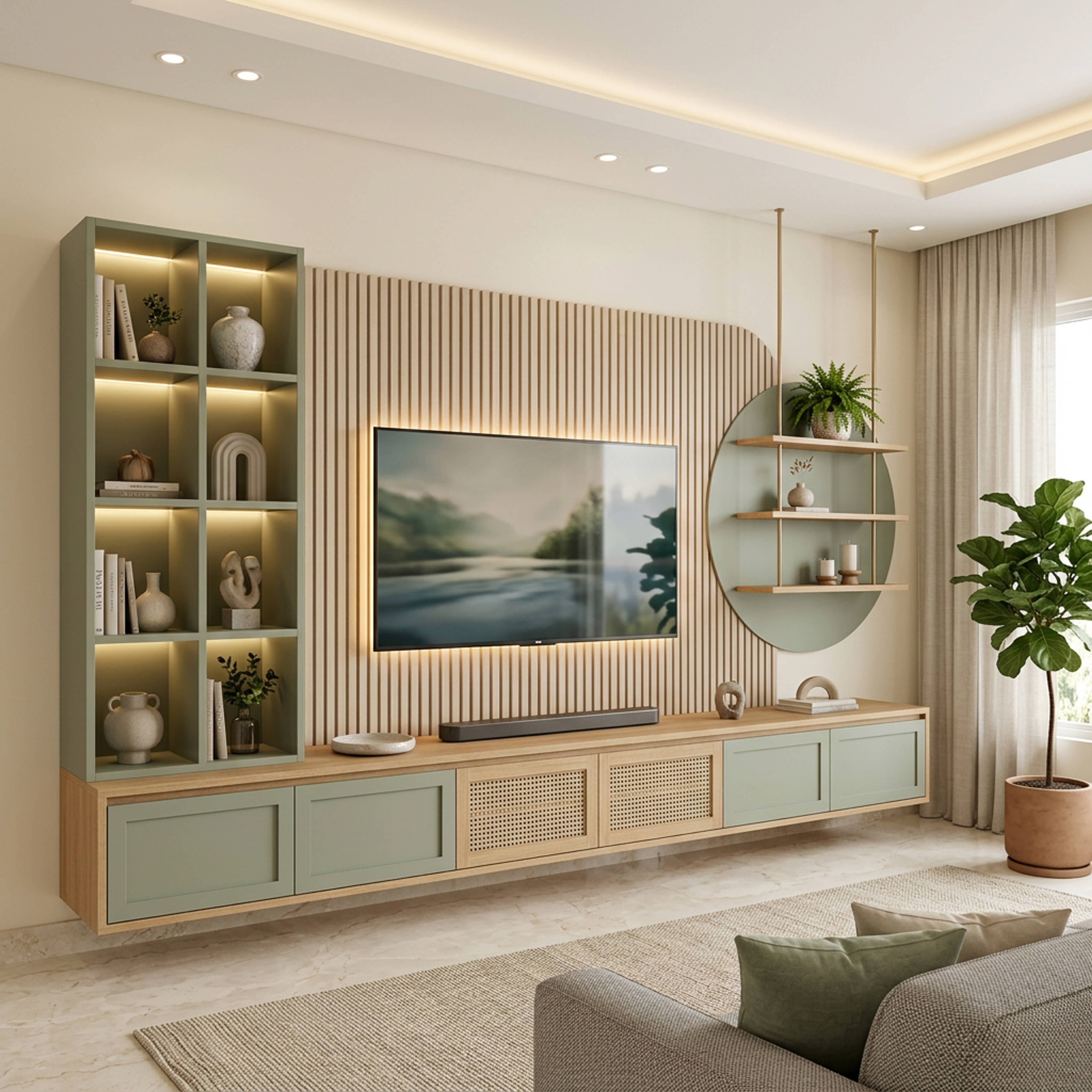 Contemporary TV Unit Design with Oversized Circular Sage Green Backdrop
