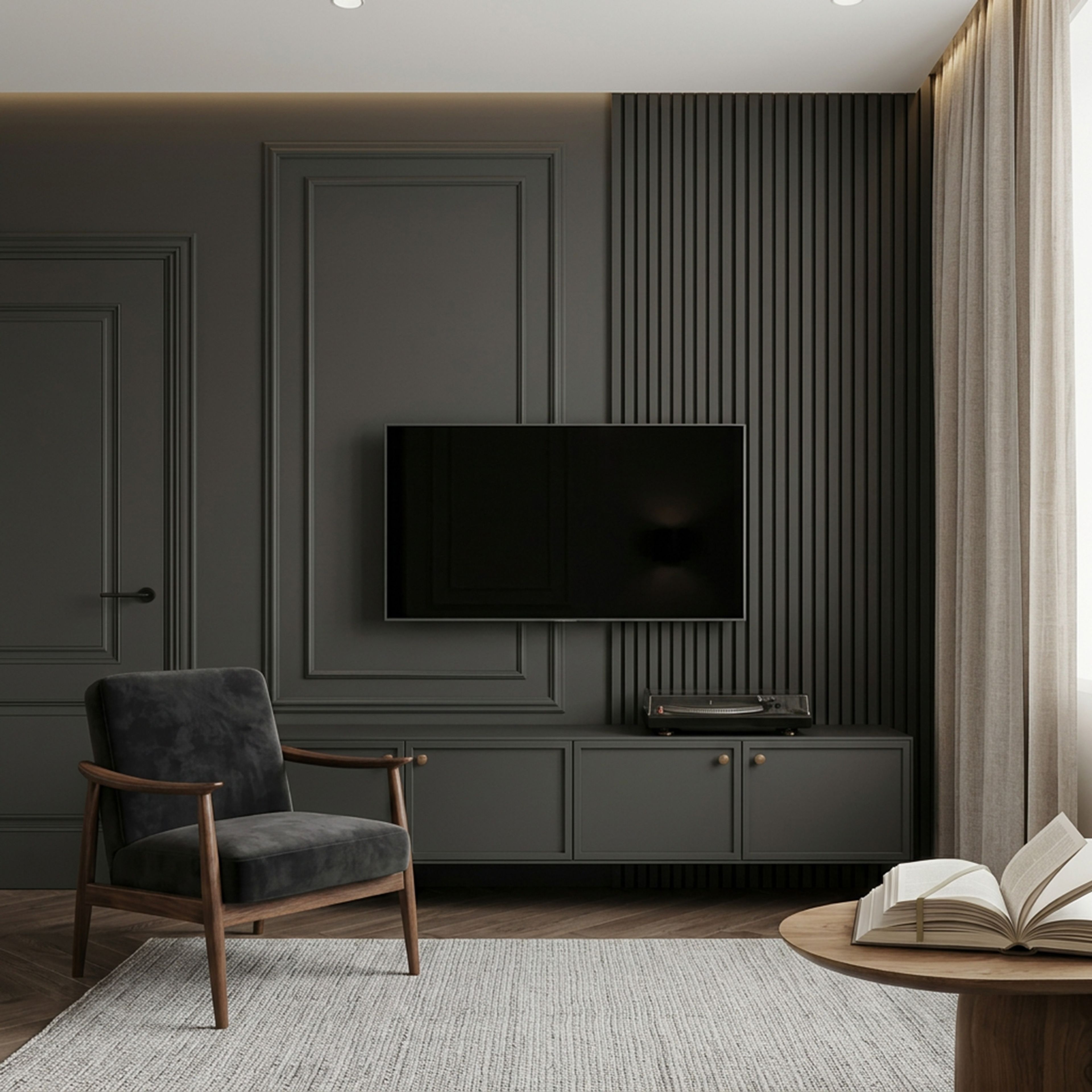 Charcoal-Grey Matte Finish Transitional TV Unit Design with Slatted Wall
