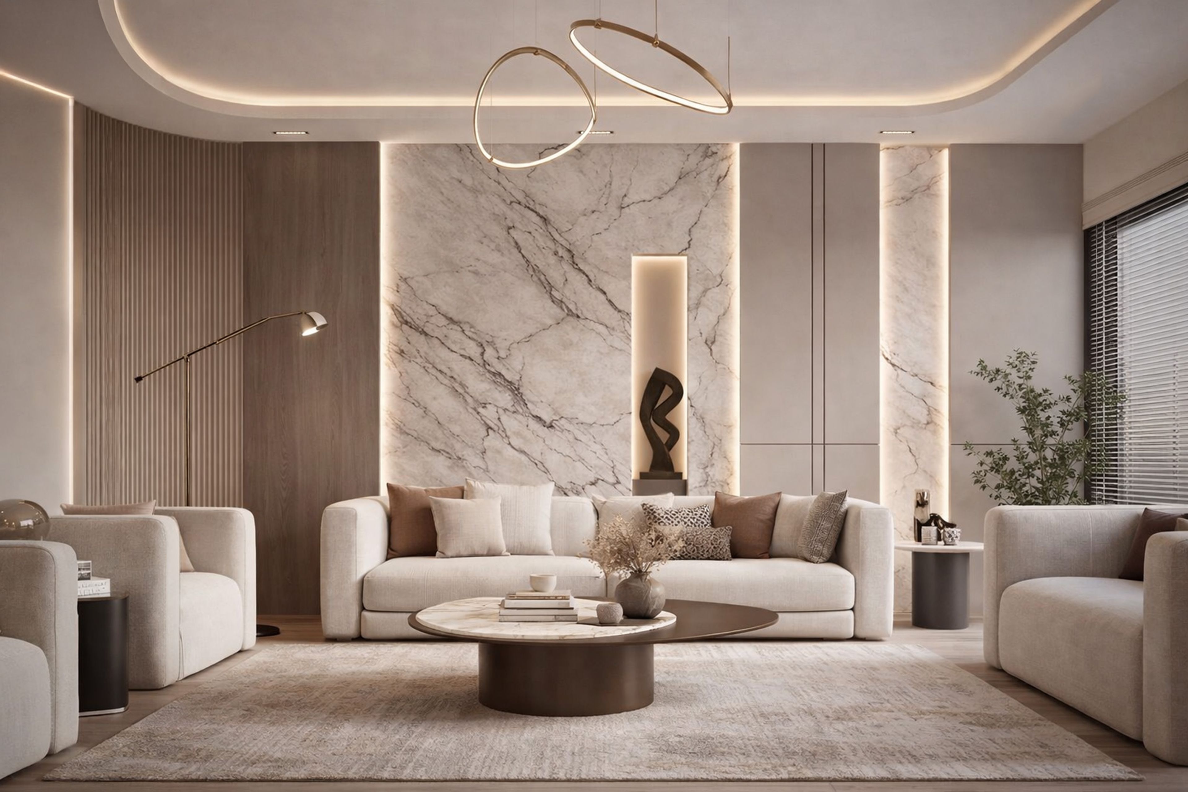 Beige and Walnut Contemporary Wall Design with Built In Niche and Soft Backlighting