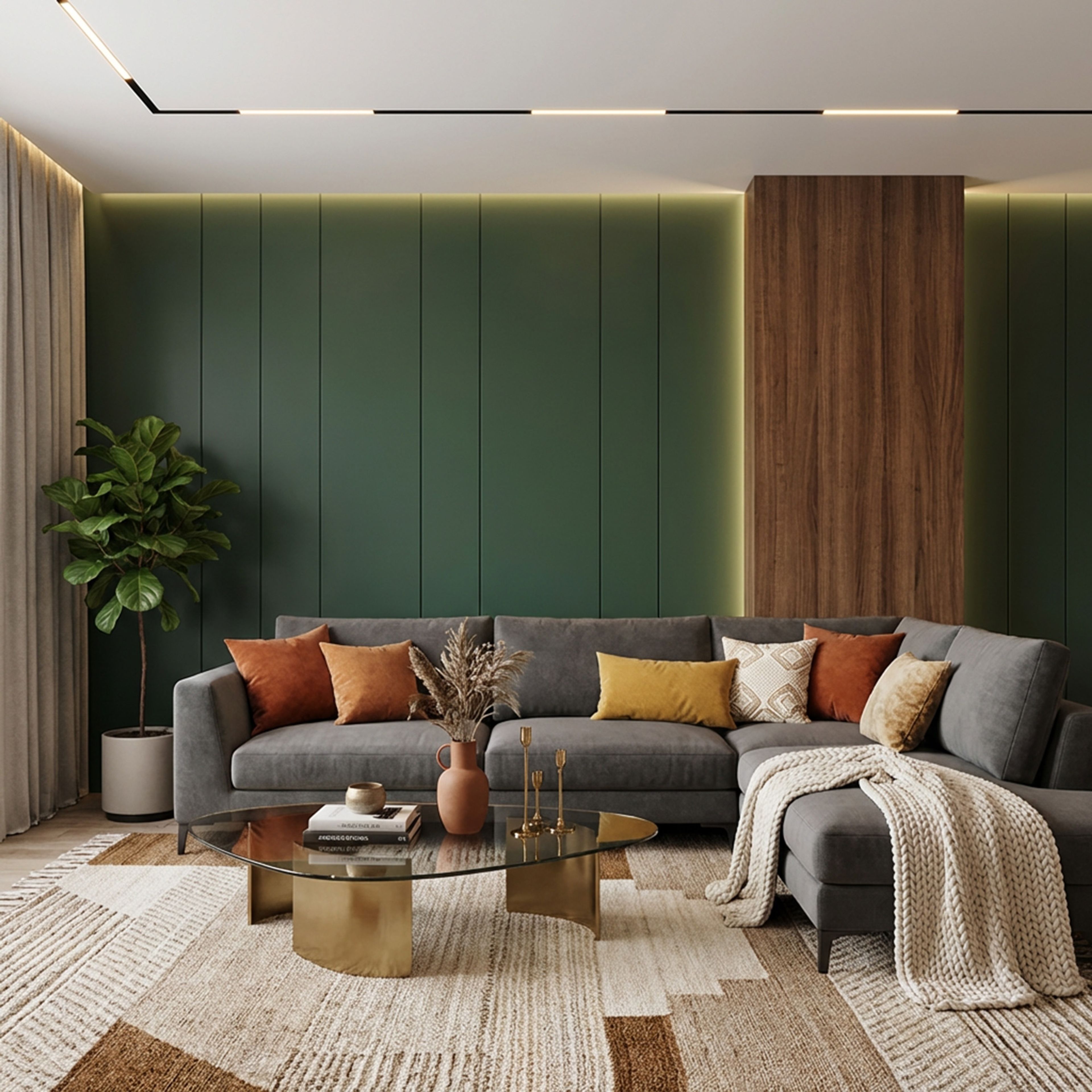 Modern Living Room Wall Paint Design with Deep Green Fluted Texture