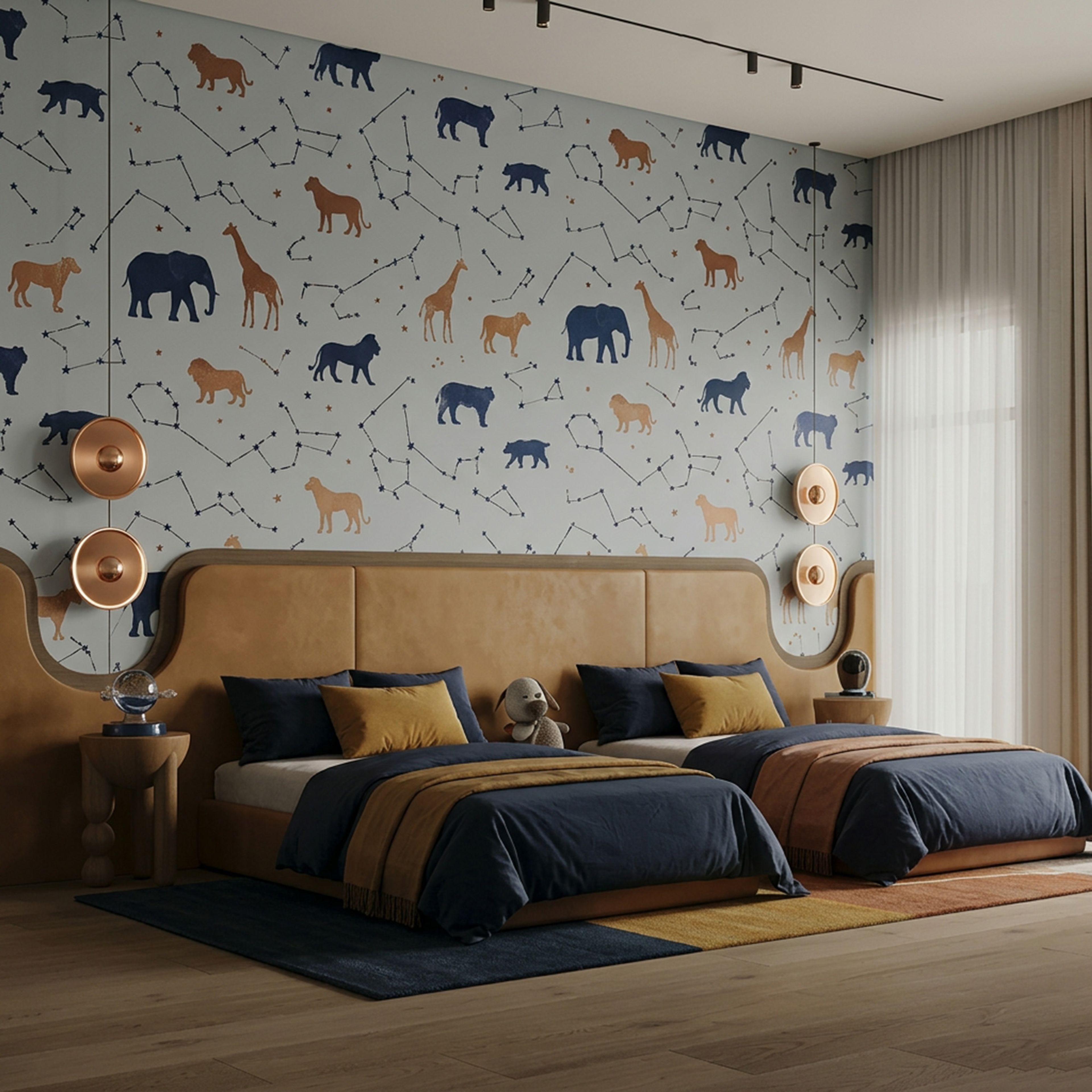 Contemporary Wallpaper Design with Multicolor Animal and Constellation Themed Pattern