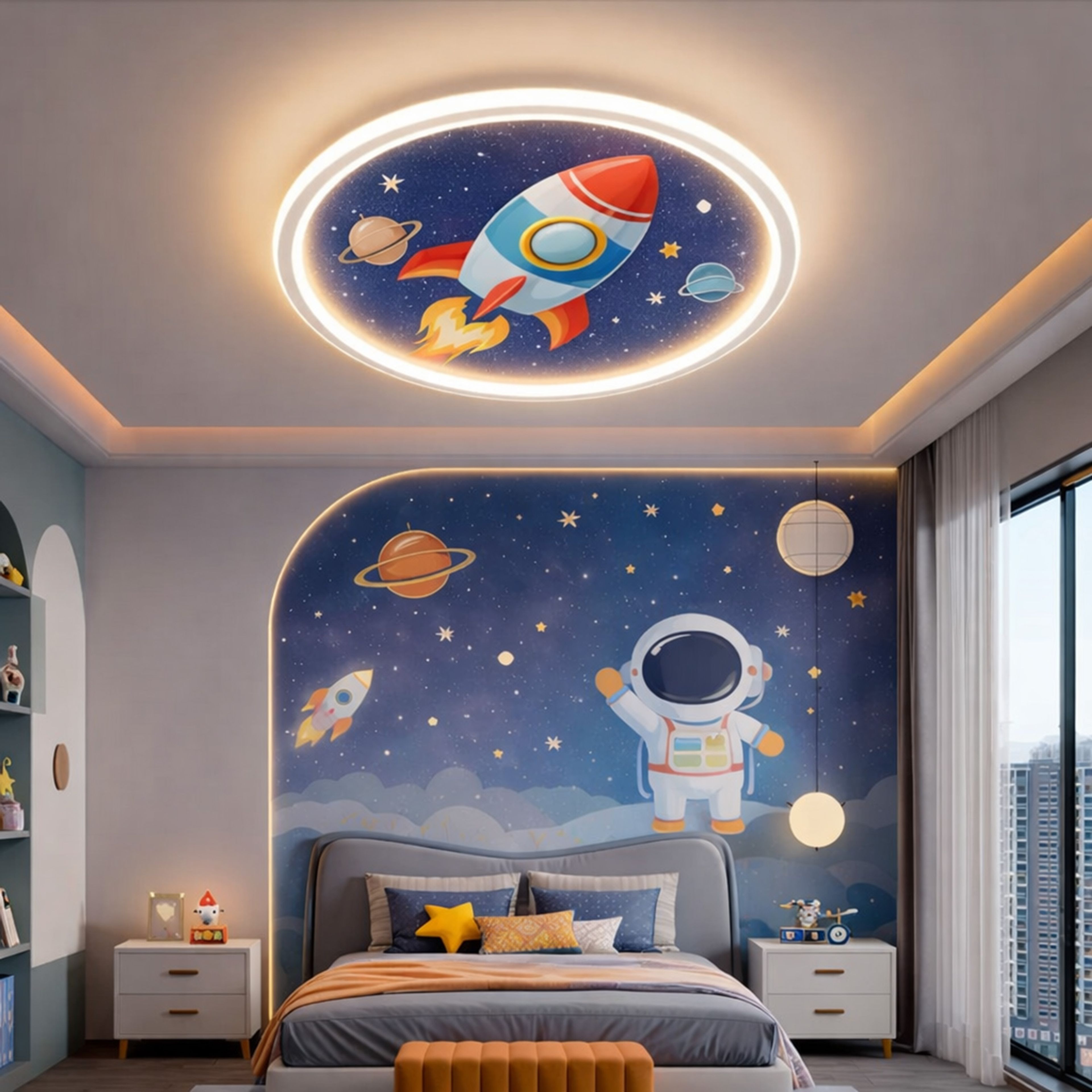Kids Bedroom Contemporary Wallpaper Design with Space Theme and Backlit Effect