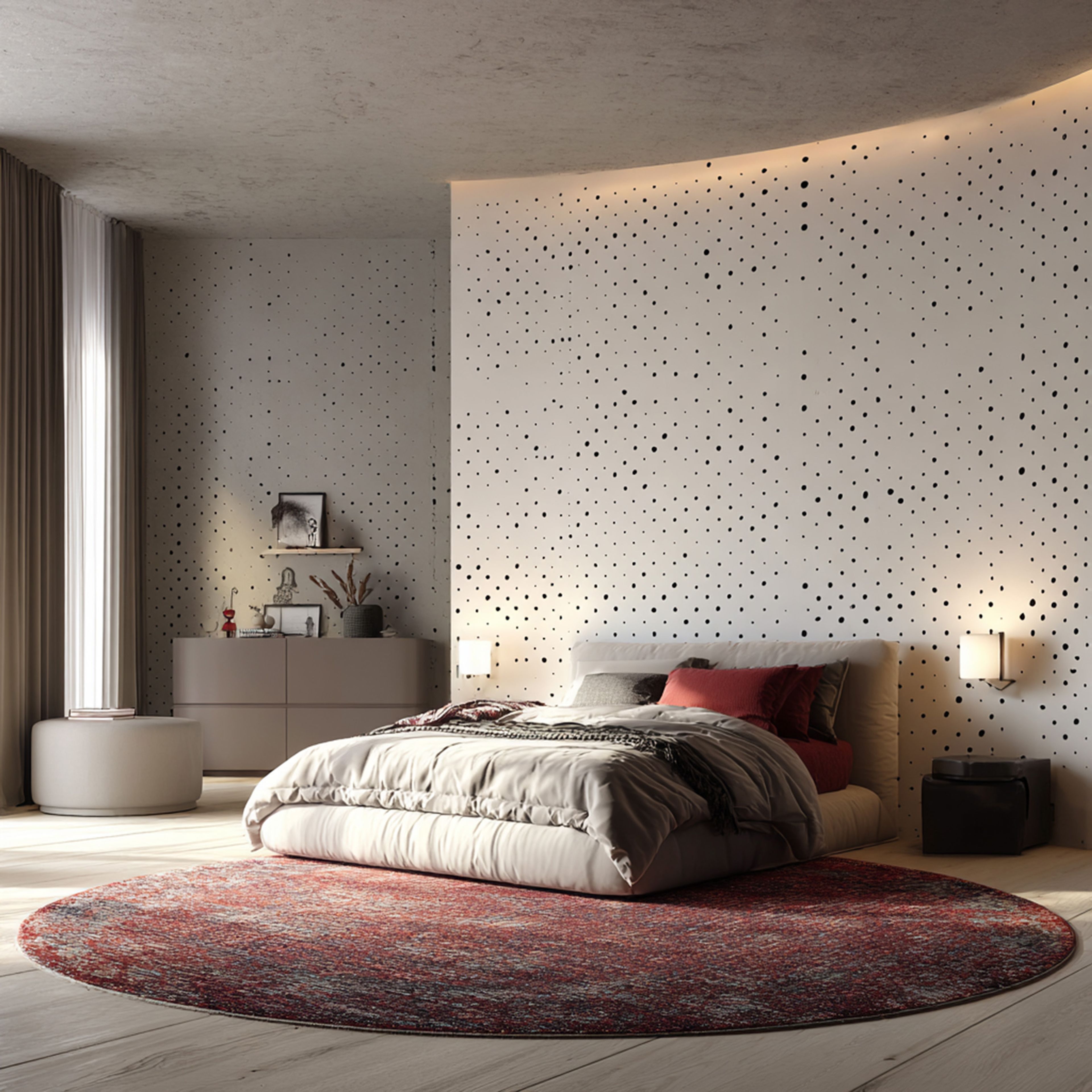 Contemporary Wallpaper Design with Black and White Repeated Dot Pattern