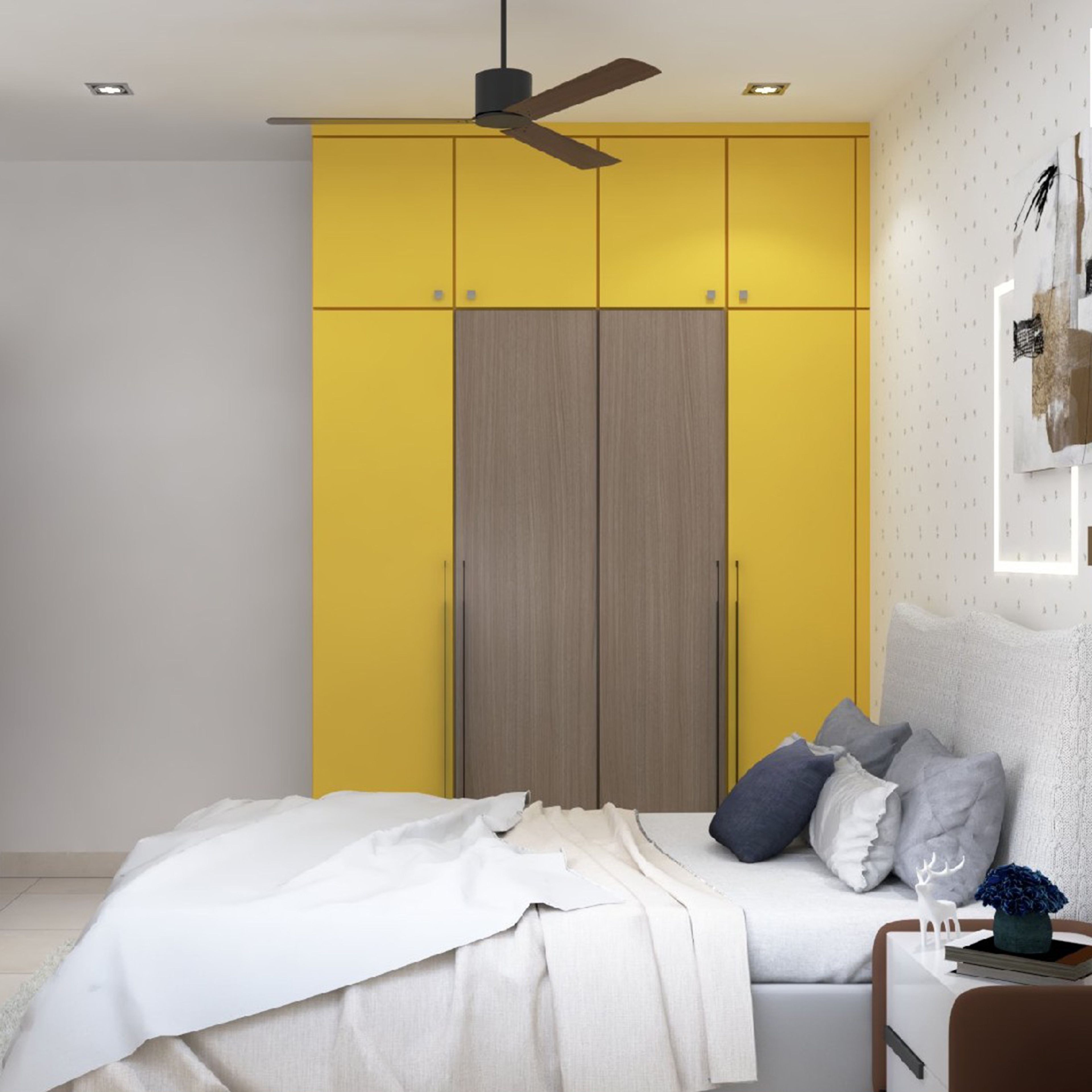 Modern 4-Door Swing Wardrobe Design with Yellow Panels and Wood Accent Doors