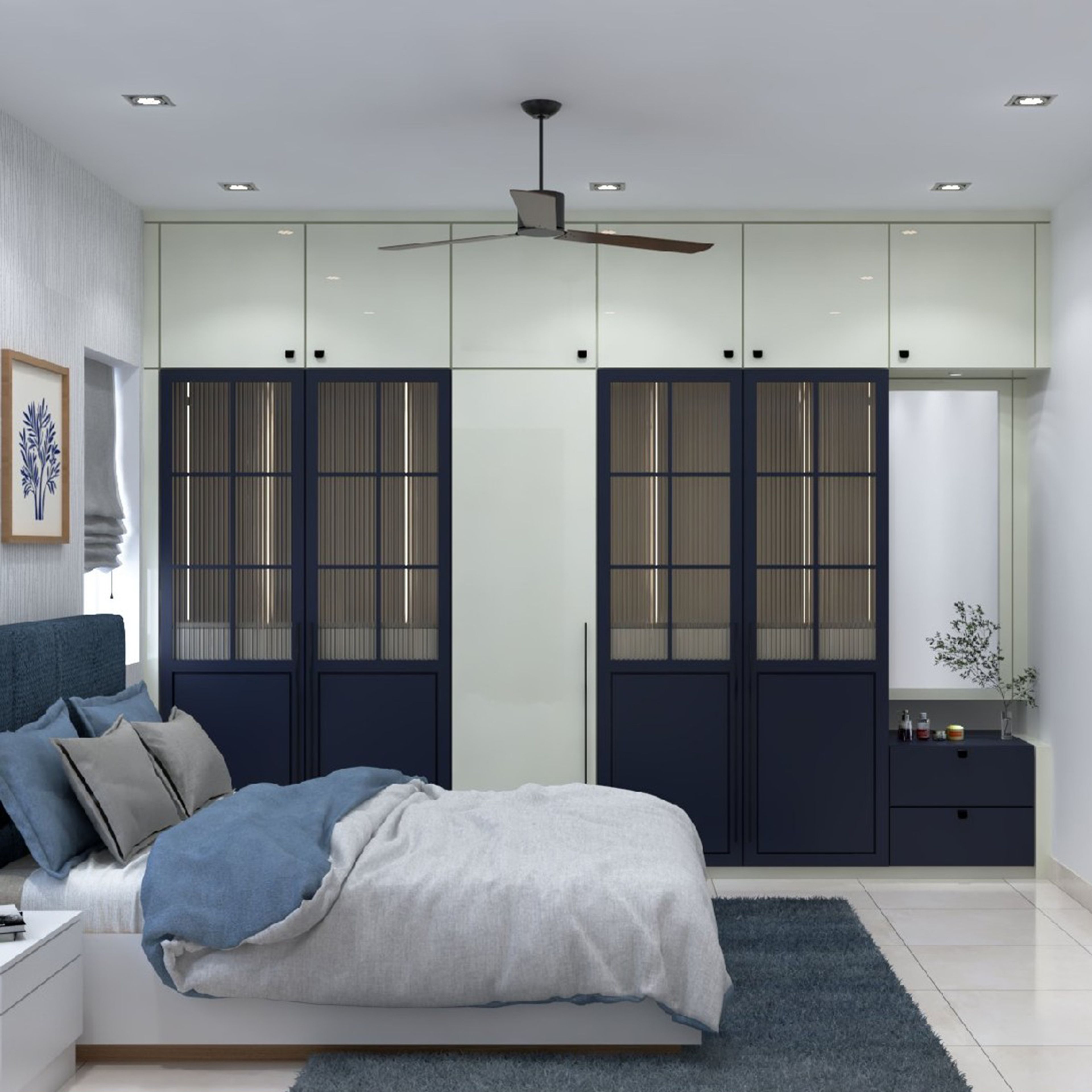 Classic 5-Door Swing Wardrobe Design with Blue Panels and White Loft Storage