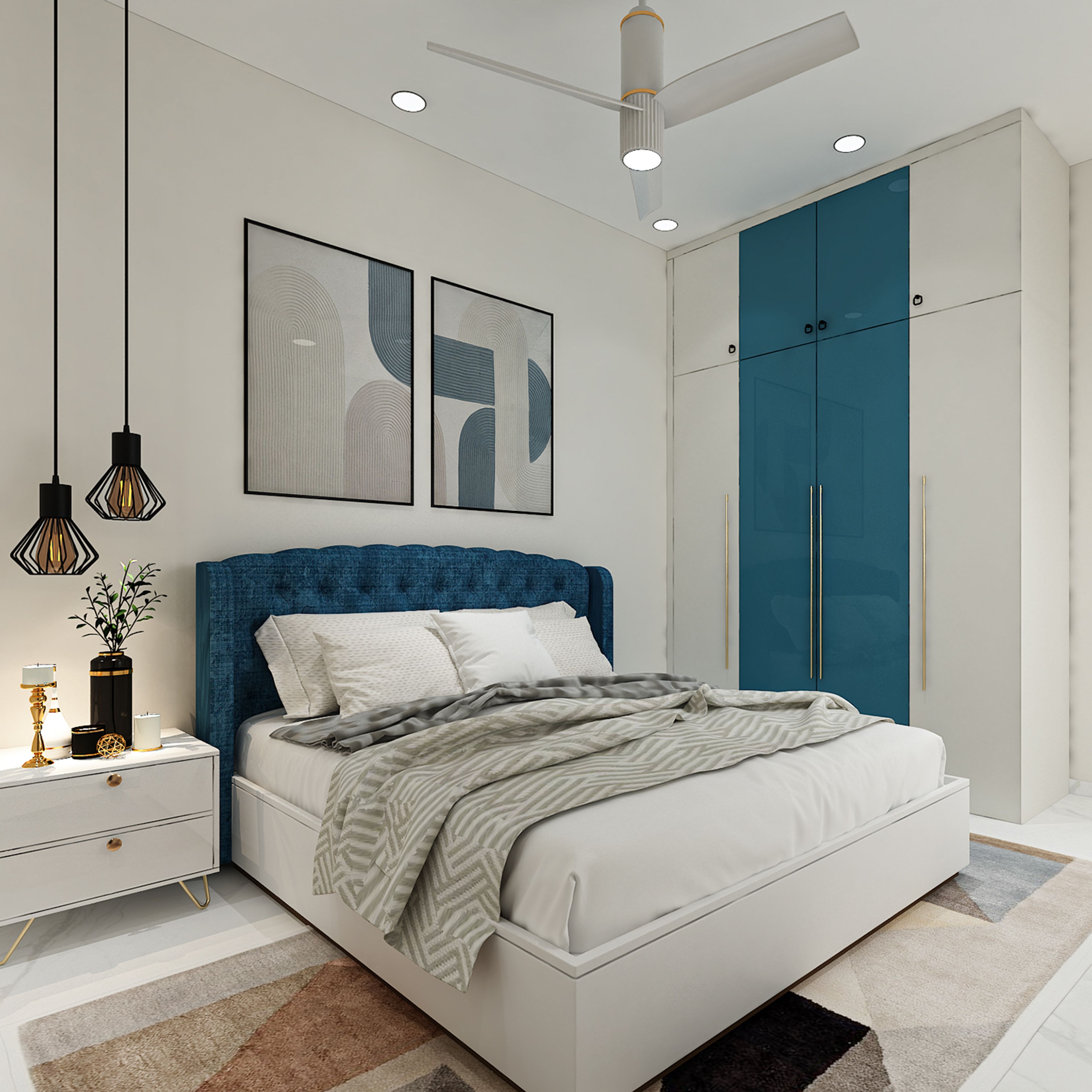 Modern Swing 4-Door Wardrobe Design with Blue White Finish and Gold Handles