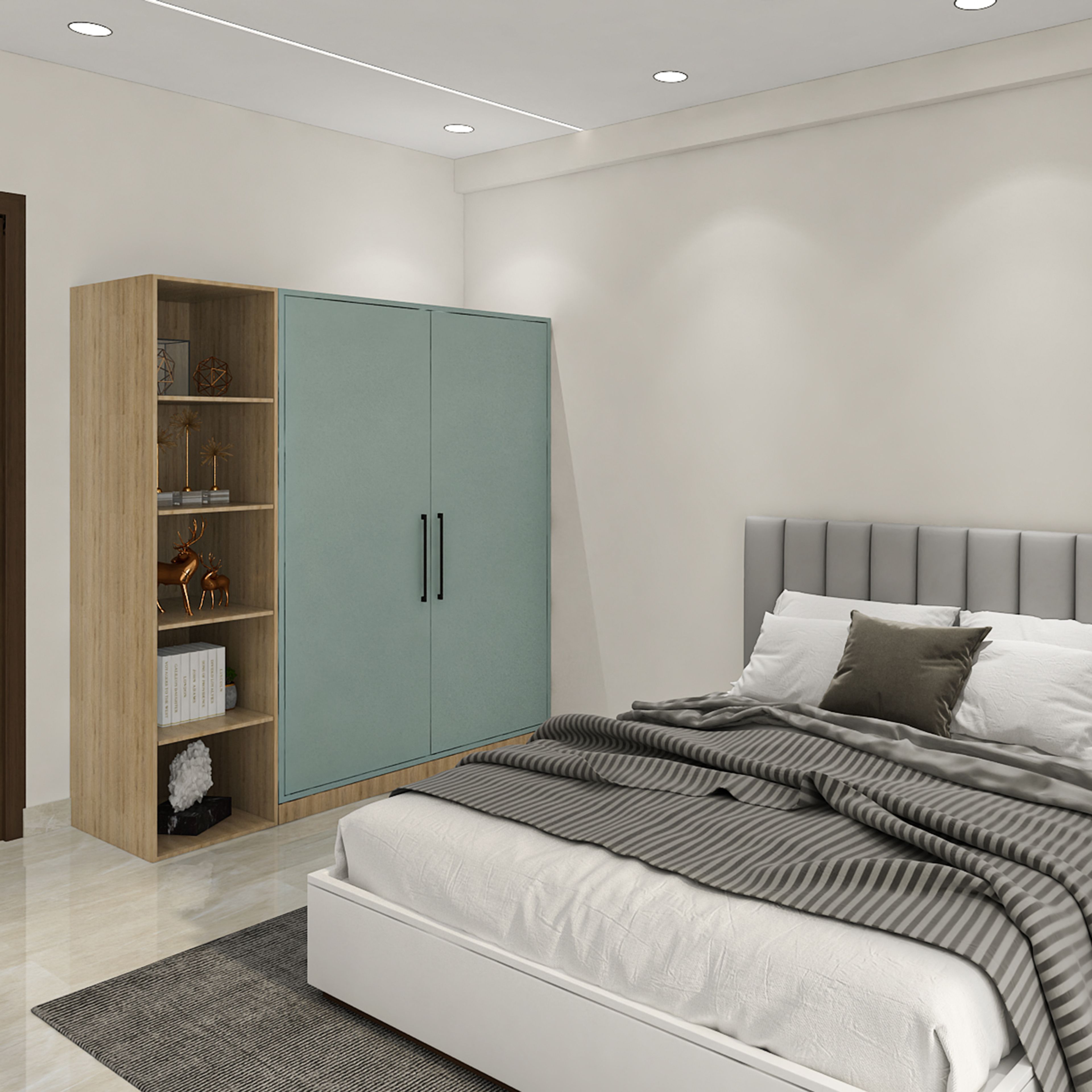 2-Door Modern Swing Wardrobe Design with Blue Finish and Wooden Frame