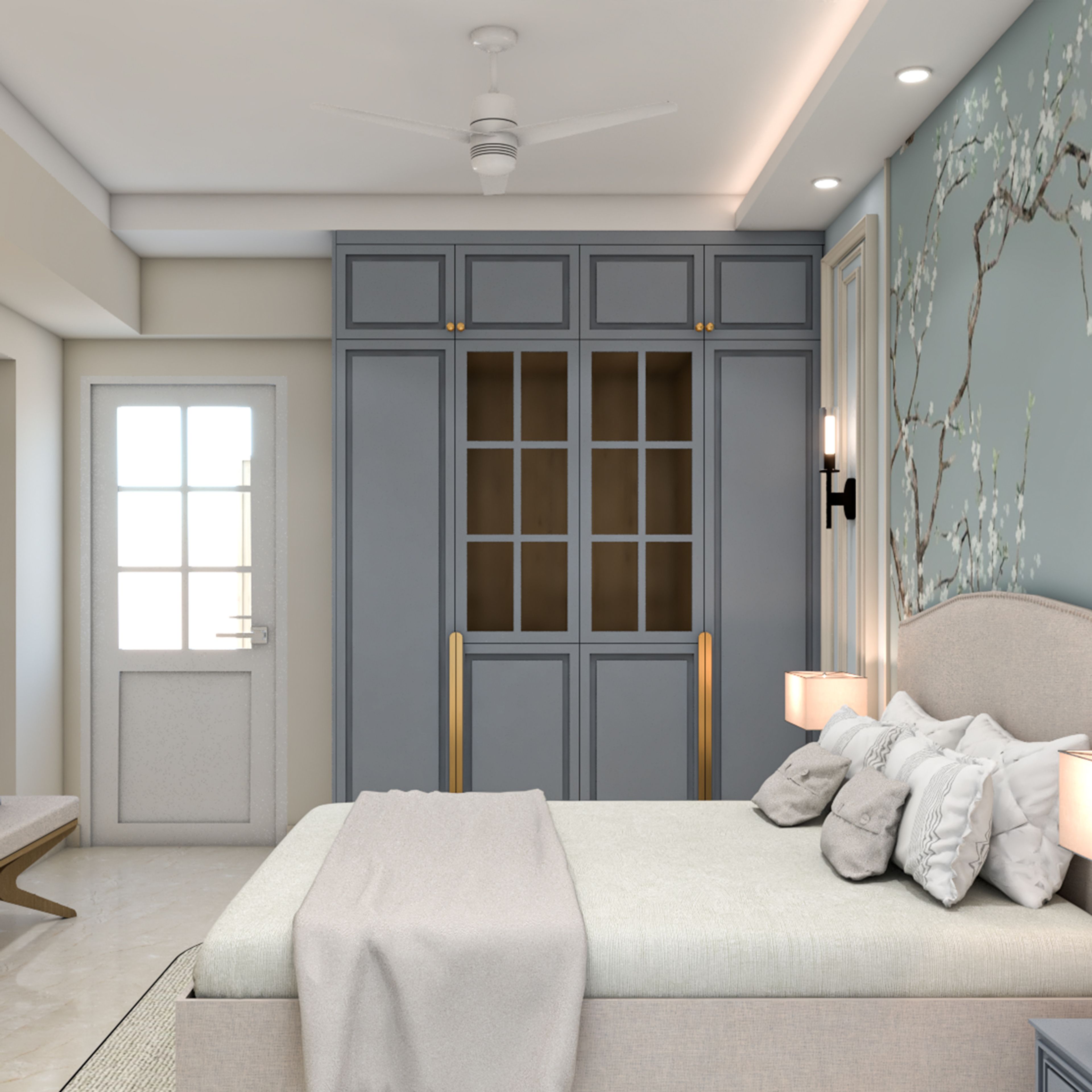 Classic 4-Door Wardrobe Design with Glass Panels and Framed Door Detailing