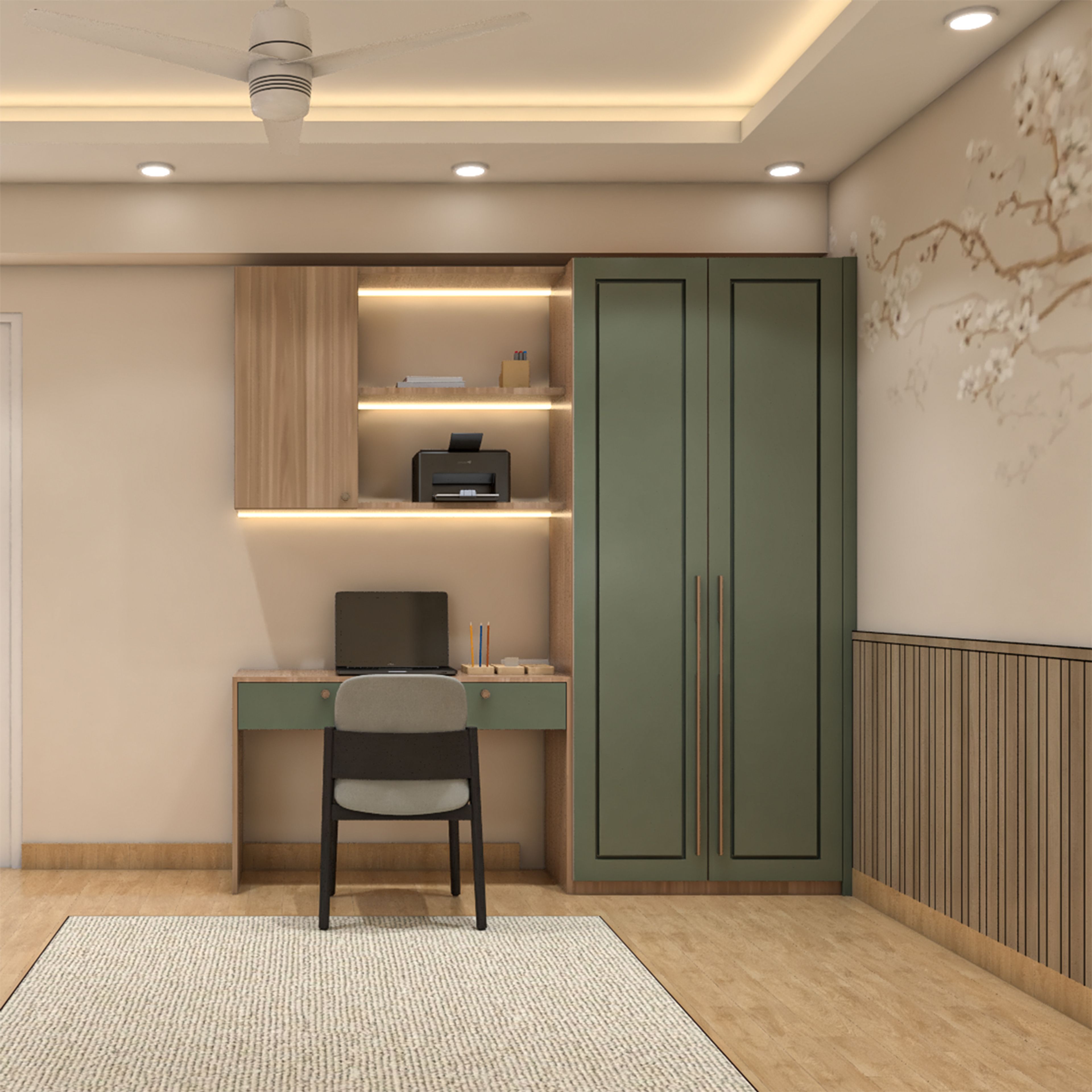 2-Door Contemporary Swing Wardrobe Design with Green Panels and Wood Accents