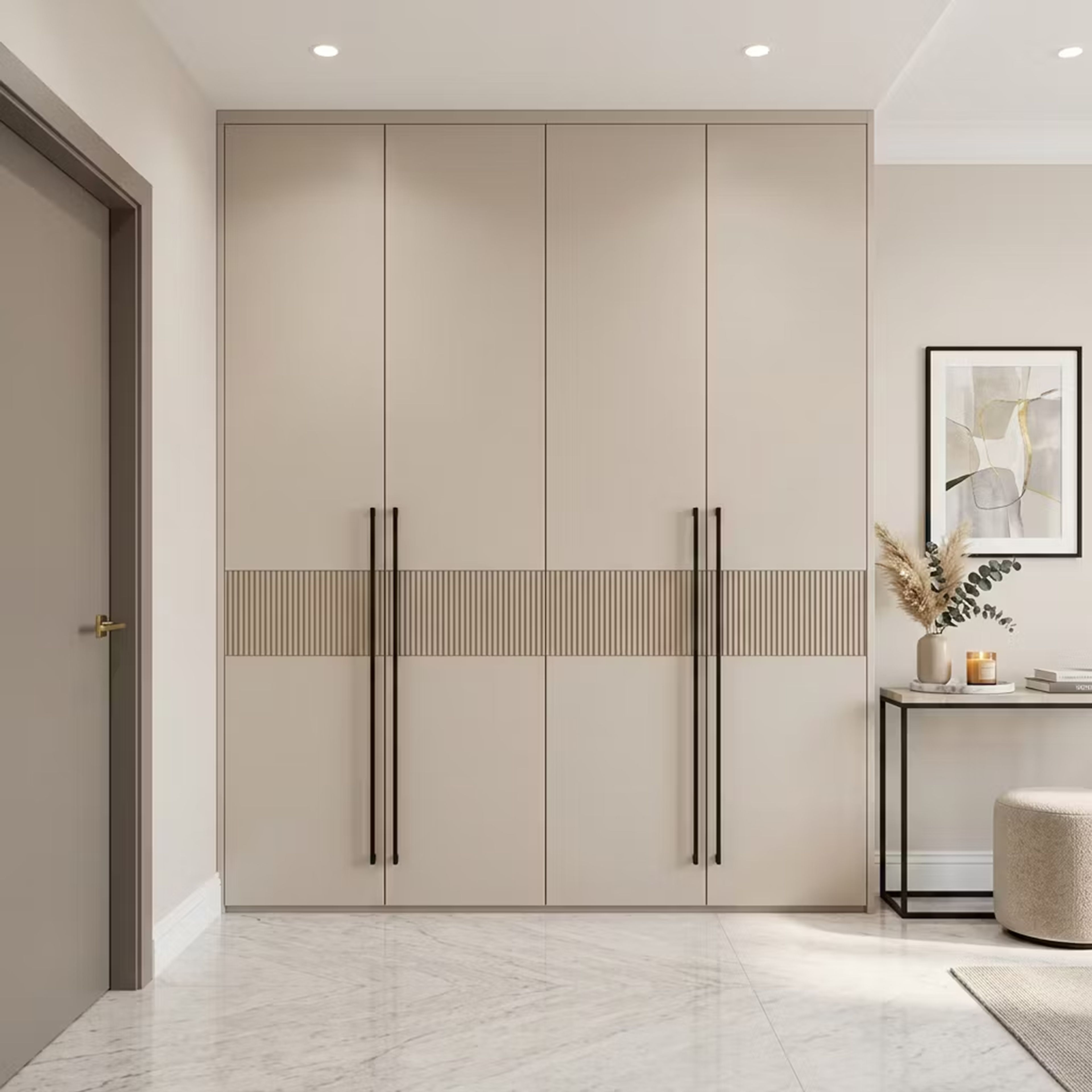 Modern Swing Wardrobe Design with Cream Matte Finish and Black Handles